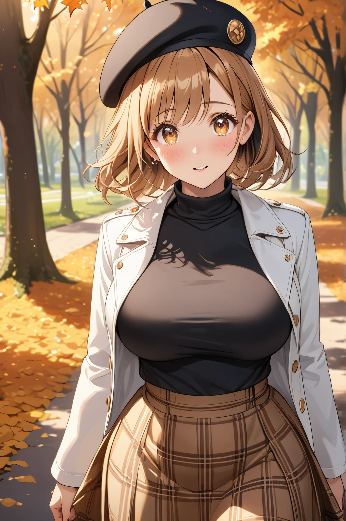 (High quality, High resolution, Fine details), walking through an autumn park filled with golden leaves, Soft sunlight filters through the trees, (black inner top, white outer jacket, and a long brown checkered skirt, paired with a beret hat), solo, curvy adult women, light brown hair, sparkling eyes, (Detailed eyes:1.2), Surprised face, blush, Soft tones, shallow depth of field