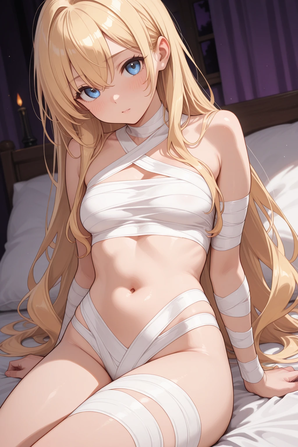 (depict little young girl in bondage, long blond hair, straight hair), bedroom, small  ???????, shy, happy, (full ?????), (((bondage))), (bound with ribbons), (arms behind  back), ribbons around ?????), (Masterpiece, Excellent, complex details),  delicate girl, delicate face, 