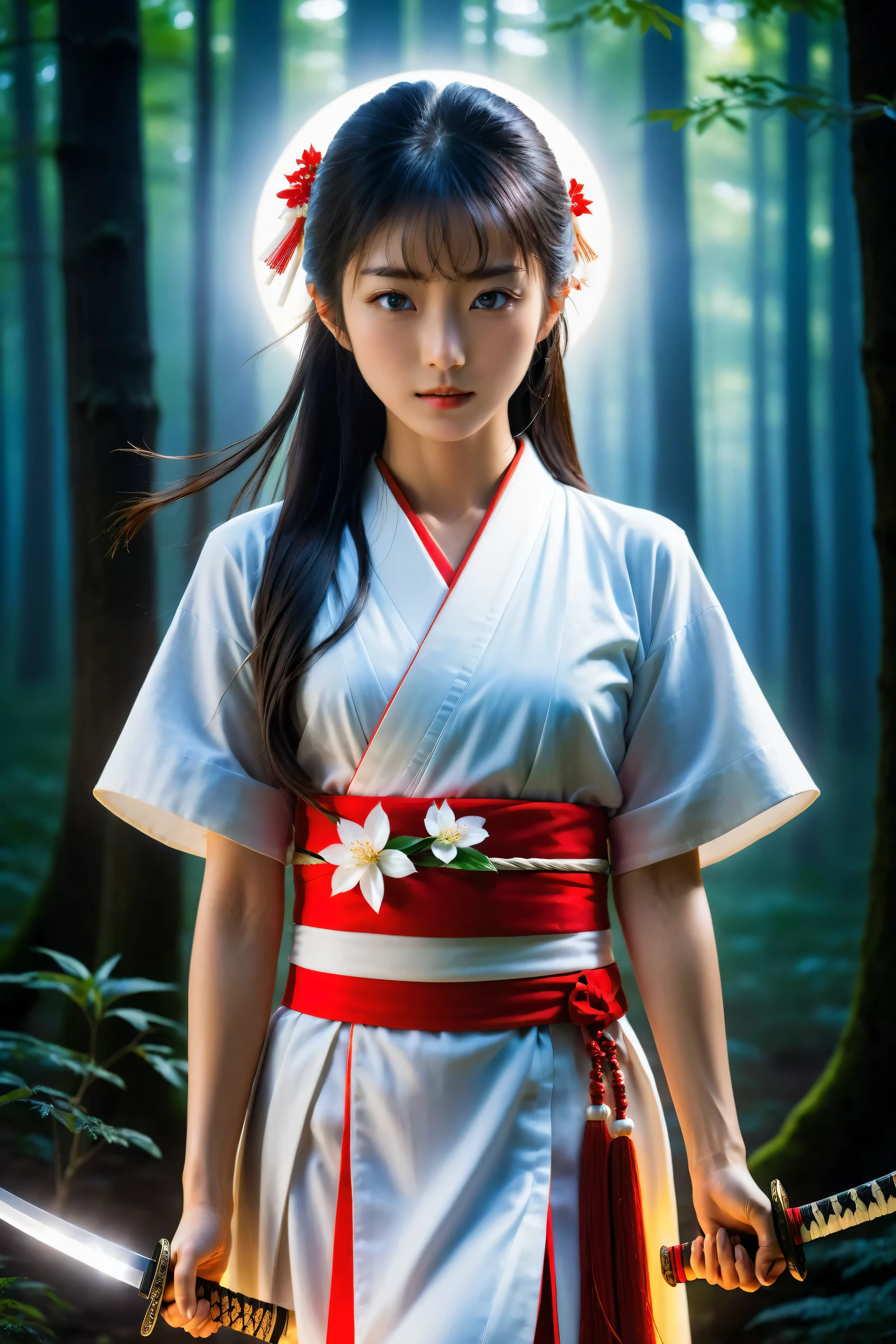 beautiful Japanese goddess , around 20 years old , dressed in a modern shrine maiden miko outfit with an idol - like charm , standing firmly in a forest clearing . She holds a single shining katana tightly in her hand , as wind blows through her long flowing hair . Her expression is determined and heroic , as if she is about to charge forward . Glowing energy aura surrounds her , moonlight shining through the trees , dramatic lighting , cinematic composition , full body , photorealistic masterpiece , 8K .