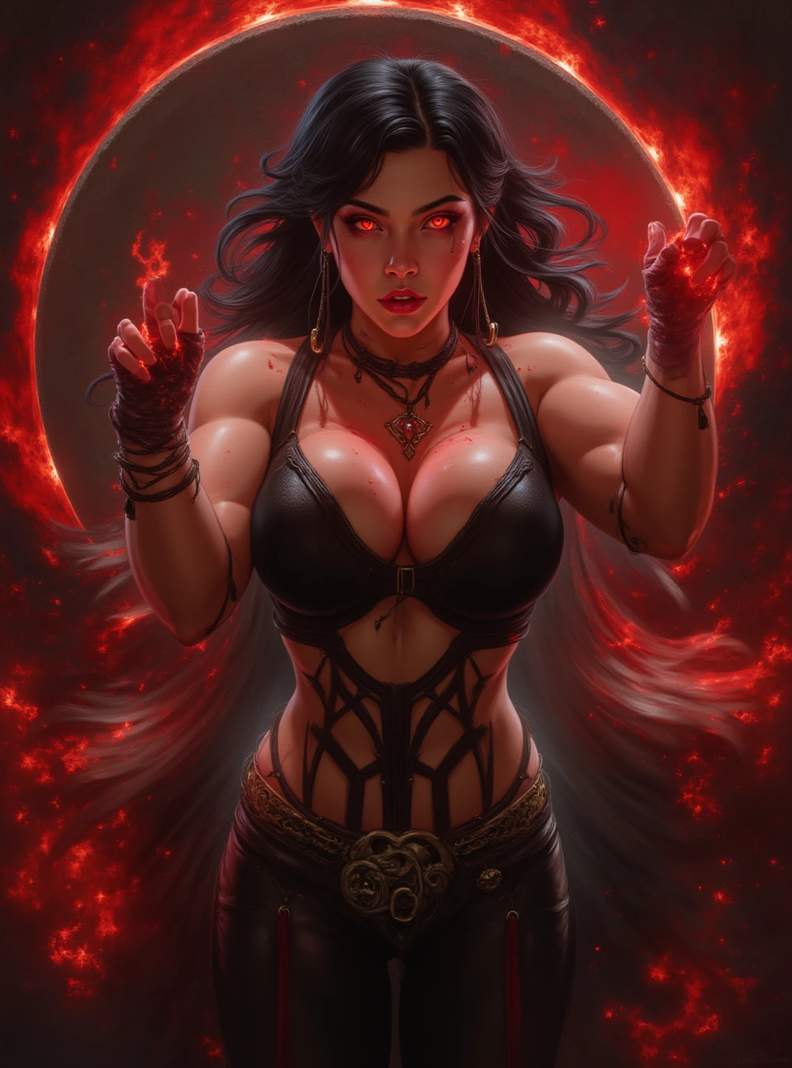 Red skin succubus tiefling, , black horns, wings, huge tail, black leather, crop top, long flowing pelvic curtain, tall, toned, graceful, thin, long black ponytail. Action scene, whip. Dark scene, explosions, night sky.