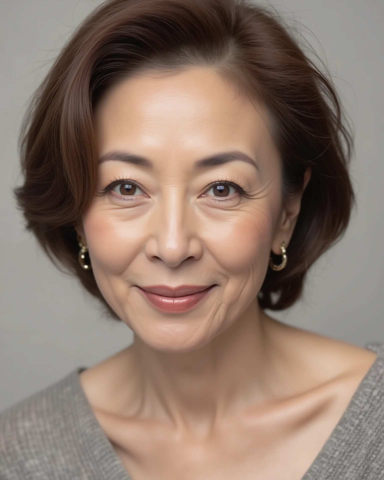 Japanese mature woman, solo, seductive aura, sensual expression, elegant and confident, soft lighting, visible wrinkles around eyes and mouth, natural aging signs, age 80s, realistic skin texture, slight sagging skin, high detail, photorealistic, studio portrait, age-appropriate hairstyle, natural look