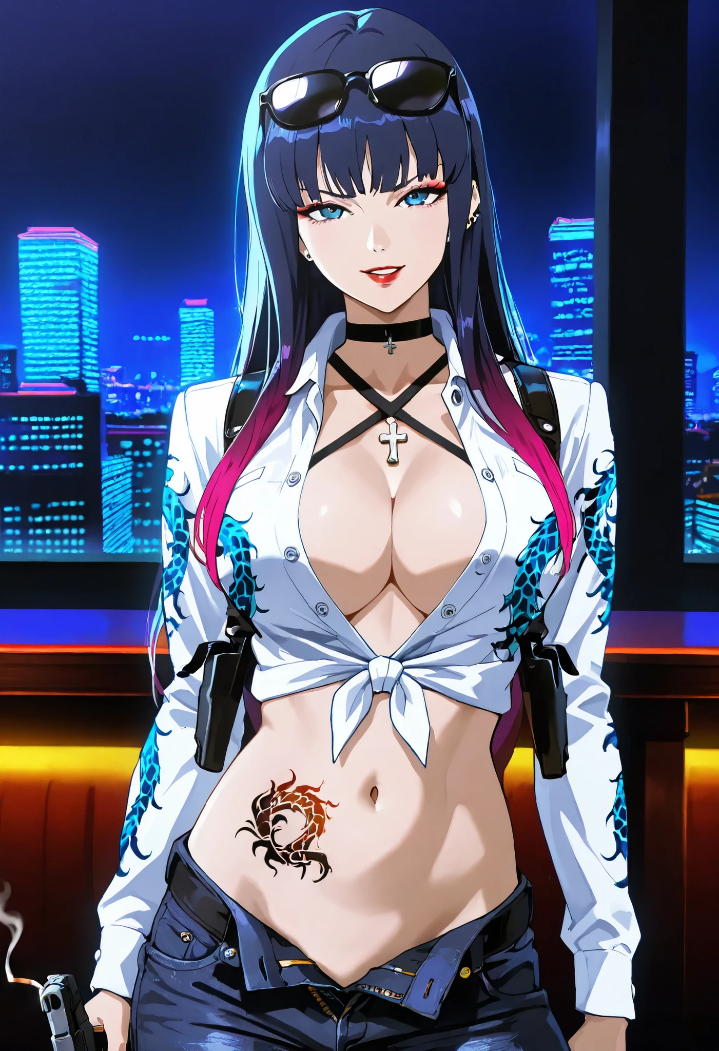 ,(1 girl),(solo), Hayama Reika \(Augmented Face\),Blue Eyes,dark haired,long hair at Boro-Yado,Queen,,1girl, Lashes, face, lips, makeup, Colorful Hair, parted lips, red lips, solo, straight hair, lipstick, nail polish, ear piercing, long hair, lipstick,Hot girl, baddie, smoking, sensual, attractive ,cross necklace, choker, bar background, inside bar, indoors, cityscape, casino, nightclub, city lights,, pull_down jeans(show off panties,:1.2, no panties),masterpiece,high quality,4k,belly,,holding pistol,cleavage, tied shirt,,unbuttoned shirt, collared shirt, knot, smile, open mouth, () , evil expression,belly, exposed navel, exposed midriff, exposed lower belly,dragon print jacket, unbuttoned jeans , low rise black jeans, Low rise jeans with open fly, motorcycle jacket, criss-cross halter with center opening, shoulder holster,, sunglasses on head,,, shoulder holster, medium , waist dragon tattoo, narrowed eyes, tattoo waist, , anime screencap , anime coloring, looking at viewer , v-shaped eyebrows,