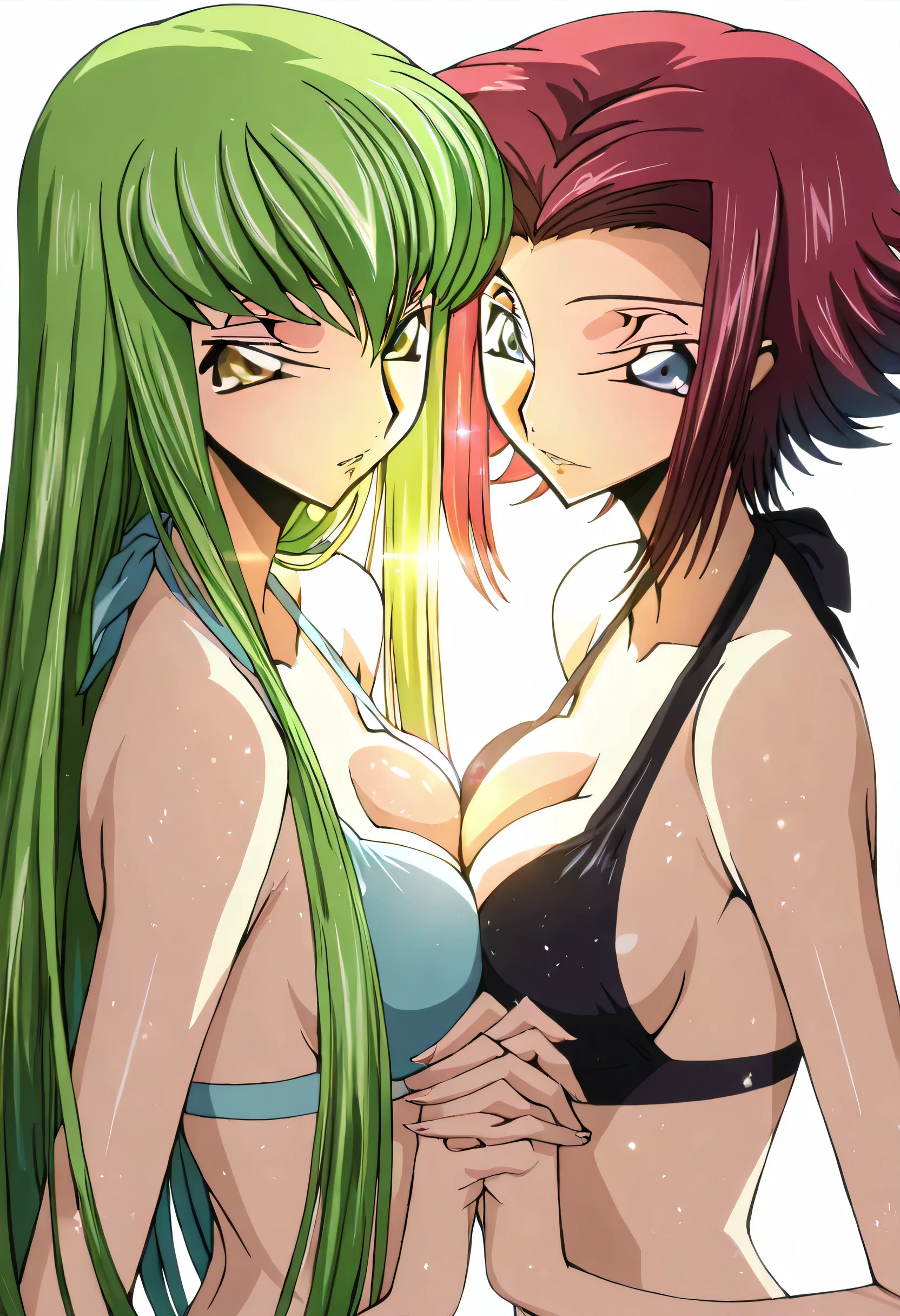 {{{animated painting}}},{{{masterpiece}}},{{{Highest Quality}}},{{Super Detailed}},{{very delicate and beautiful}},best image quality,super definition,8k,very aesthetic, high resolution, perfect detail, faint light,high brightness, soft saturation ,detailed,deep color,rich color,dark colors,Amazingly Fine, detailed face,非常にhigh resolution ,8k, Unity,Beautiful Faces,very detailed background,Clear quality,high brightness contrast, light sparkles, wide image, (White background), lens flare,(light particles:0.9),(anime screenshot),nsfw, (Takahiro Kimura style),(Code Geass),2girls, agirl_and_bgirl, (agirl,C.C.,green hair,long hair,yellow  eyes,) ,(bgirl,Kouzuki_Karen, Blue  eyes,red hair,short hair, reverse hair), 2girls,bikini, , standing, face each other, holding hands, (Lip gloss), looking at partner,