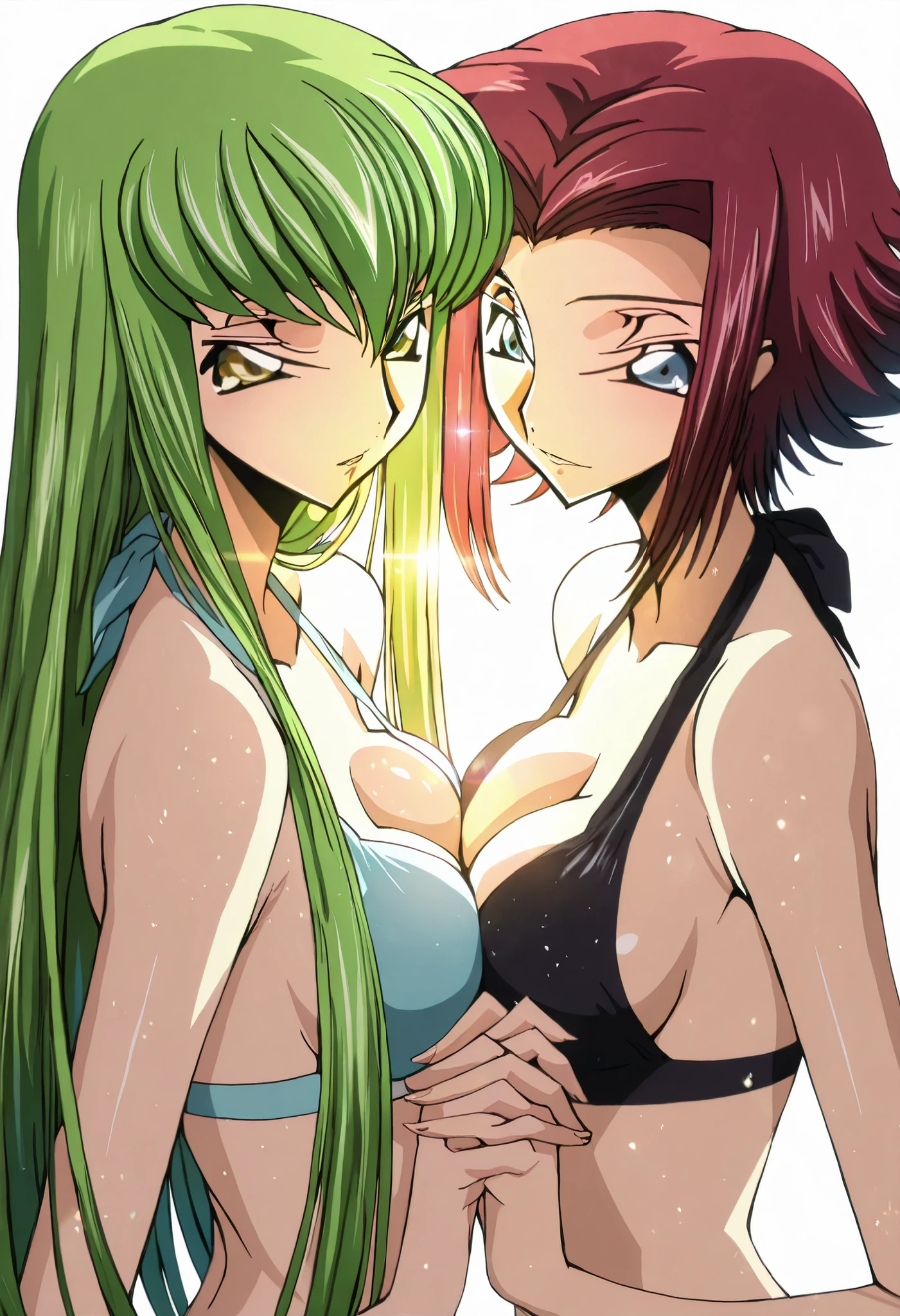 {{{animated painting}}},{{{masterpiece}}},{{{Highest Quality}}},{{Super Detailed}},{{very delicate and beautiful}},best image quality,super definition,8k,very aesthetic, high resolution, perfect detail, faint light,high brightness, soft saturation ,detailed,deep color,rich color,dark colors,Amazingly Fine, detailed face,非常にhigh resolution ,8k, Unity,Beautiful Faces,very detailed background,Clear quality,high brightness contrast, light sparkles, wide image, (White background), lens flare,(light particles:0.9),(anime screenshot),nsfw, (Takahiro Kimura style),(Code Geass),2girls, agirl_and_bgirl, (agirl,C.C.,green hair,long hair,yellow  eyes,) ,(bgirl,Kouzuki_Karen, Blue  eyes,red hair,short hair, reverse hair), 2girls,bikini, , standing, face each other, holding hands, (Lip gloss), looking at partner,