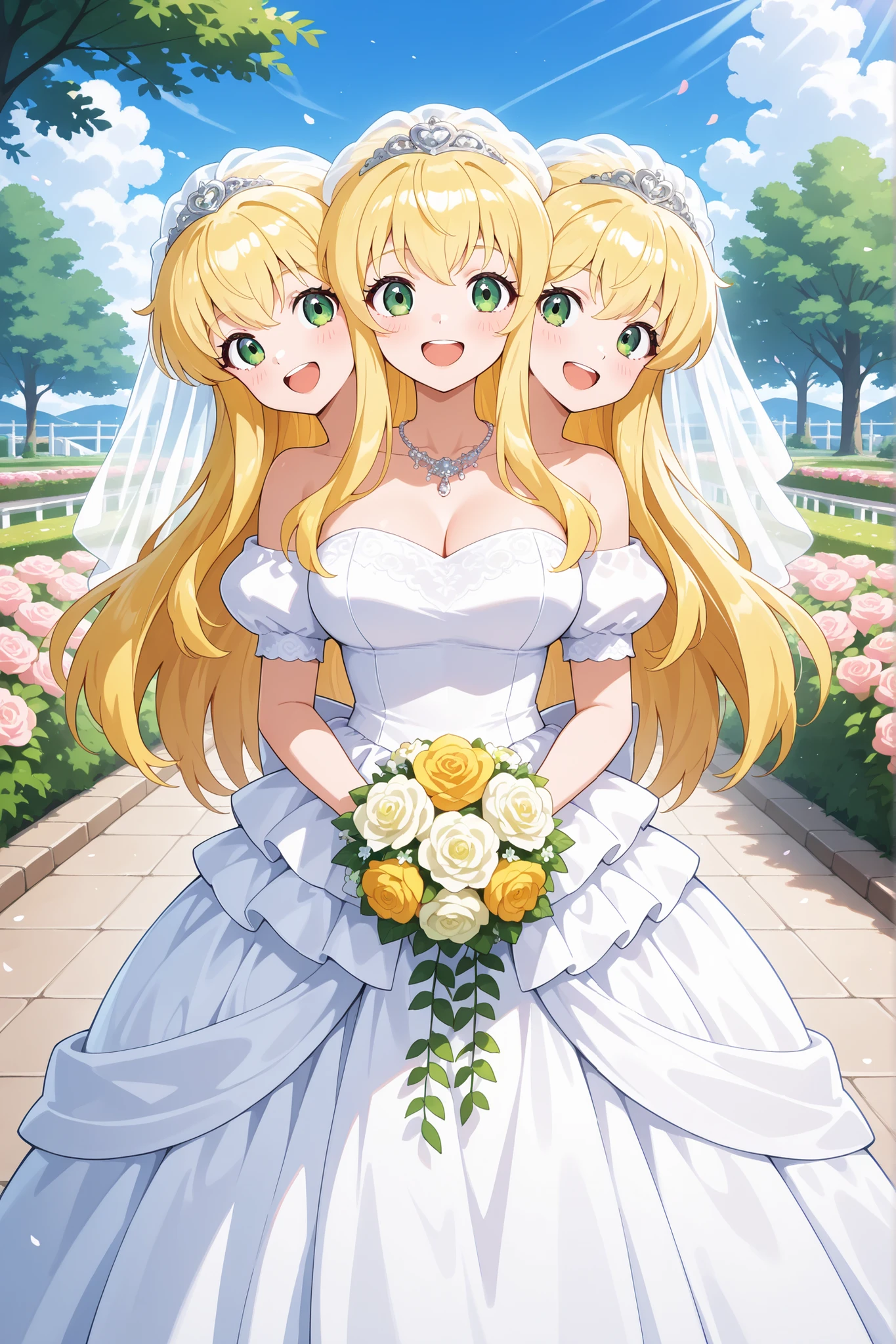 conjoined, anime girl with three heads, long blond hair, green eyes, wedding dress, happy, outdoor wedding venue