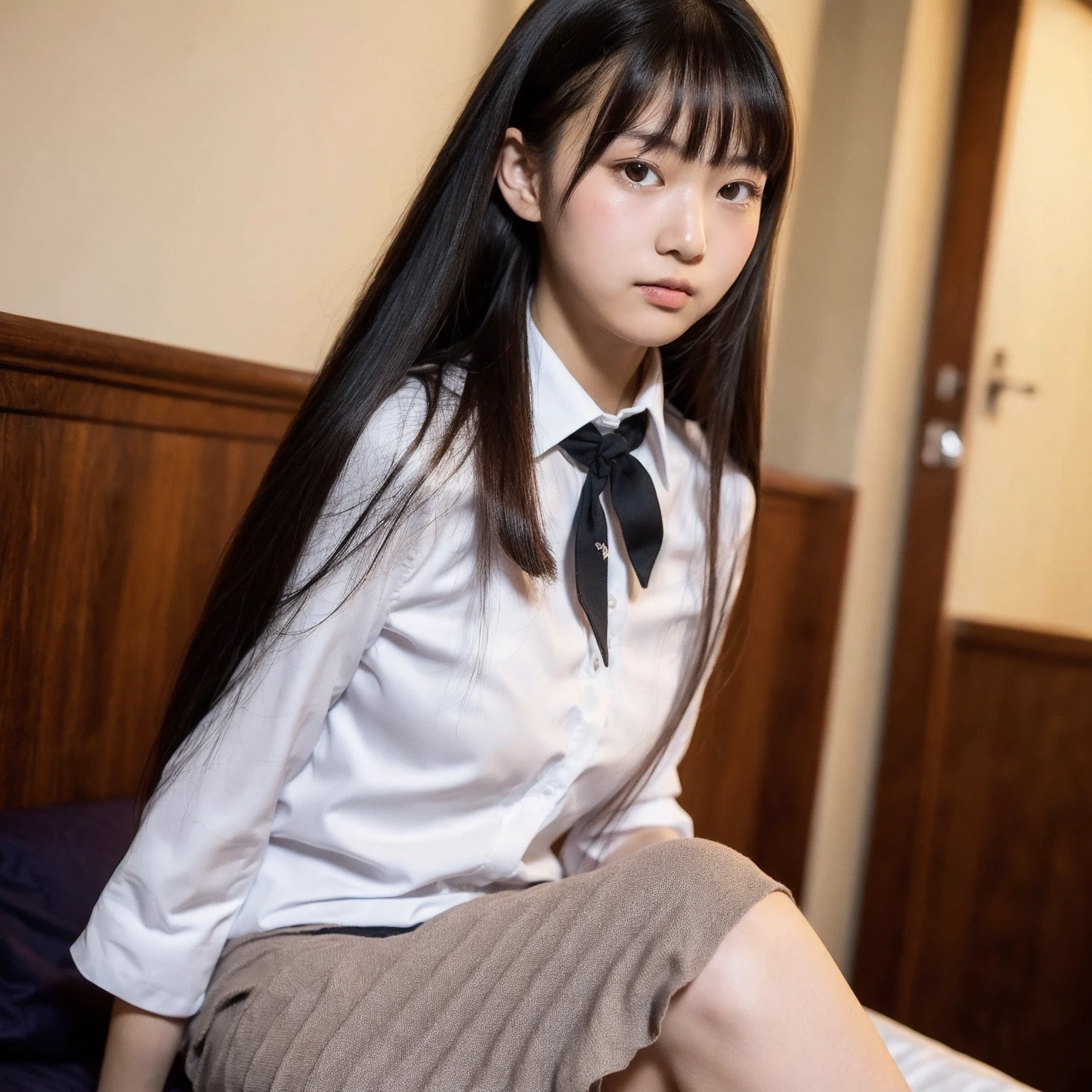((Highest quality)),((最high resolution)),((high resolution)),((detailed)),((High definition)),((8K)),((Perfect body)),((Perfect Face)),((Realistic)),((Real)),((Realistic)),((Beauty)),((Shiny Hair)),((Glowing Skin)),((Very white skin)),((Jet Black Hair)),((Japanese school uniform)),,(((Sit with your  apart and your knees bent))),((Arms behind back to support the body)),Long Hair、Embarrassed look、