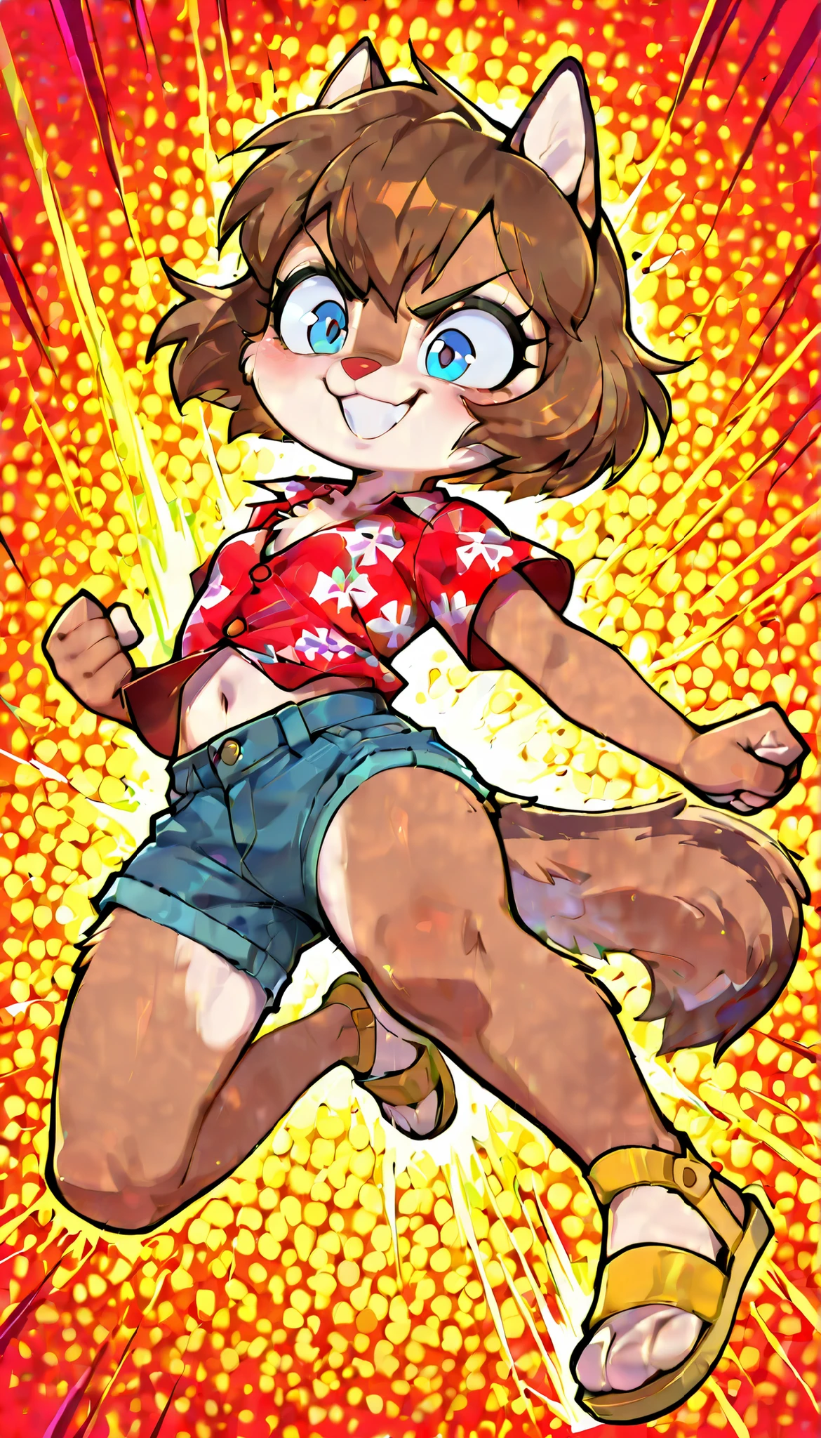 score_9, score_8_up, score_7_up, score_6_up,, hi_res, furry_source, absurdres, masterpiece, best quality, amazing quality, Chip'n Dale Rescue Rangers, 1girl, solo, alone, Femdale, furry, anthro, chipmunk girl, brown fur, blue eyes, chipmunk tail, red nose, brown hair, short hair, bangs, short body, short stature, ((red hawaiian shirt, claveage, one button fastened, denim shorts, sandals)), small breasts, navel, (very skinny:1.0), (Small, Short:1.1), (young cub:1.2), full body, feets with three toes, spread buckteeth, abstract background, fight stare, kick at viewer, kick act, kicking, jumping, angry, smile, speed lines,