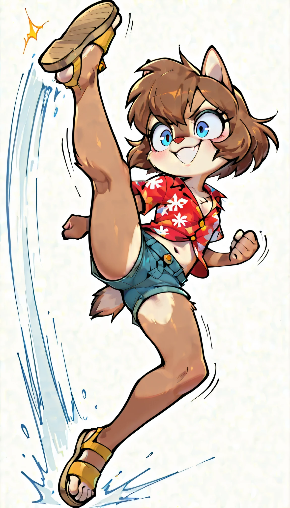 score_9, score_8_up, score_7_up, score_6_up,, hi_res, furry_source, absurdres, masterpiece, best quality, amazing quality, Chip'n Dale Rescue Rangers, 1girl, solo, alone, Femdale, furry, anthro, chipmunk girl, brown fur, blue eyes, chipmunk tail, red nose, brown hair, short hair, bangs, short body, short stature, ((red hawaiian shirt, claveage, one button fastened, denim shorts, sandals)), small breasts, navel, (very skinny:1.0), (Small, Short:1.1), (young cub:1.2), full body, feets with three toes, spread buckteeth, white background, fight stare, kick at viewer, kick act, kicking, jumping, angry, smile, speed lines,