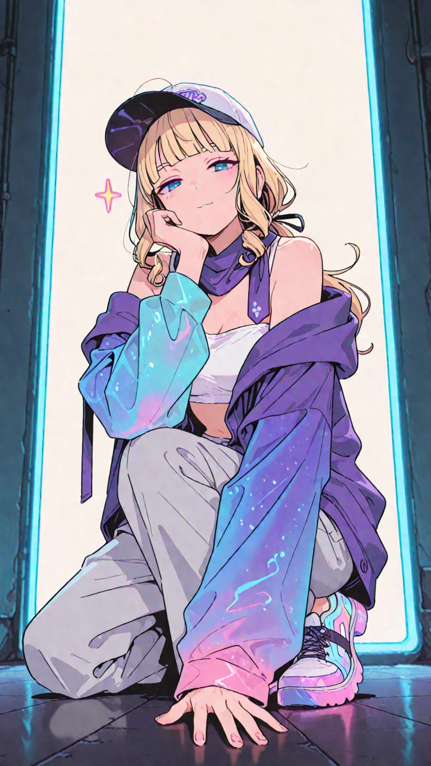 2girls, masterpiece, best quality,ultra_detailed, best quality highres, high quality, 8k, beautiful lighting, night, heavy rain, puddles, clouds, reflections in puddles, city, on the road, moon in the sky, full moon. First girl, 1girl, Hoshino Ai, long hair, purple hair, streaked hair, purple eyes, star-shaped pupils, hair ornament, bangs, look away, hold a  umbrella, look at the viewer, in squat, raincoat, tights, head, second girl, smile, ornament, hoodie, neon pink, graffiti, bright eyes, star-shaped pupils in left eye, orange hair,  long hair, pink eyes, clothes with multicolored frills, blonde, bangs, pose, multicolored hair, (simple background: 1.2), (cute: 1.5), tie