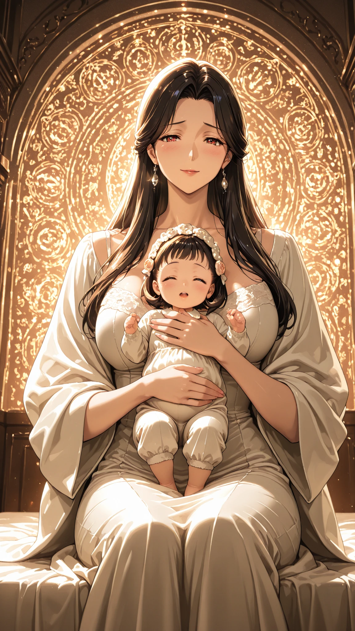 high details, best quality, 16k, [ultra detailed], masterpiece, best quality, (extremely detailed), a picture of beautiful pregnant woman sitting in her room, near the window, the woman is wearing a colorful dress, caressing her belly, GlowingRunes_yellow, soft cinematic light