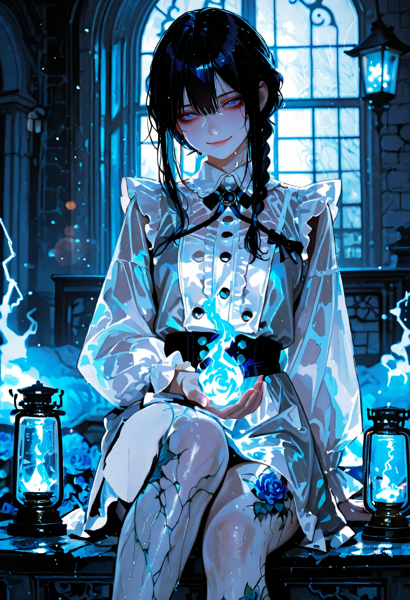 Haunted Castle、1 Midnight、The girl who lost her way、long black hair,Lanterns in hands、Lantern Lights、I'm not scared at all!、Lightning echoes、girl wet in the rain、big mansion like a castle、 Ghosts、dimly lit room、State of Ruins、Only ghost eyes light up,shortcuts,unkempt hair,Short braided hair,Neat,slender beauty,correct posture,small breasted,Beautiful legs,Enchanting Gray-Blue Eyes Shine Like Stars,Saggy Eyes,Brilliant Colors,beautiful eyes,A delicate smile,Textured Skin,Best quality at its best,gentle and beautiful woman,anime style、Seimitsu、4K resolution、High Quality、Super Detailed、Realistic、Realistic、HDR、UHD、STUDIO LIGHT、Transcendental Depiction、Clear Focus、PBR Rendering、Professional、Brilliant Colors彩、bokeh effect