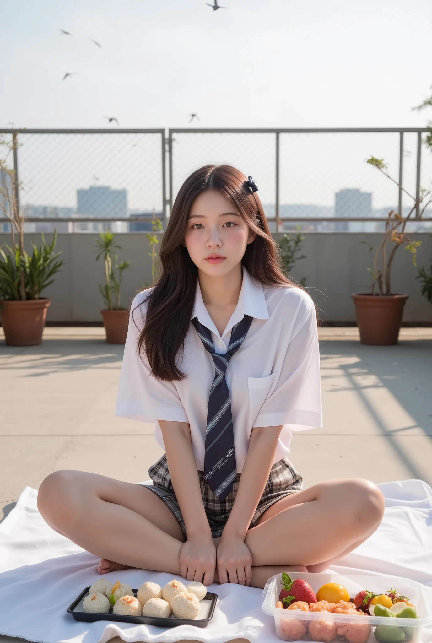 Professional portrait-style photograph of gorgeous young schoolgirl enjoying peaceful lunch on school rooftop, captured with high-end camera with prime lens at f/1.8 aperture for beautiful background separation, wearing immaculate school uniform with perfectly pressed white blouse, plaid skirt, and loose tie, hair styled with cute clips keeping it from blowing across face in gentle rooftop breeze, sitting cross-legged on spread blanket with homemade lunch box open beside her revealing lovingly prepared meal with rice balls shaped like cartoon characters, small side dishes in colorful containers, and fresh fruit arranged artistically, school rooftop setting with urban skyline visible in distance, metal safety fence creating geometric pattern in background, potted plants and forgotten sports equipment scattered around edges of rooftop, warm afternoon sunlight creating natural highlighting on her features, other school buildings visible in background slightly out of focus, birds flying in distant sky, photorealistic style with cinematic color grading enhancing nostalgic school days mood