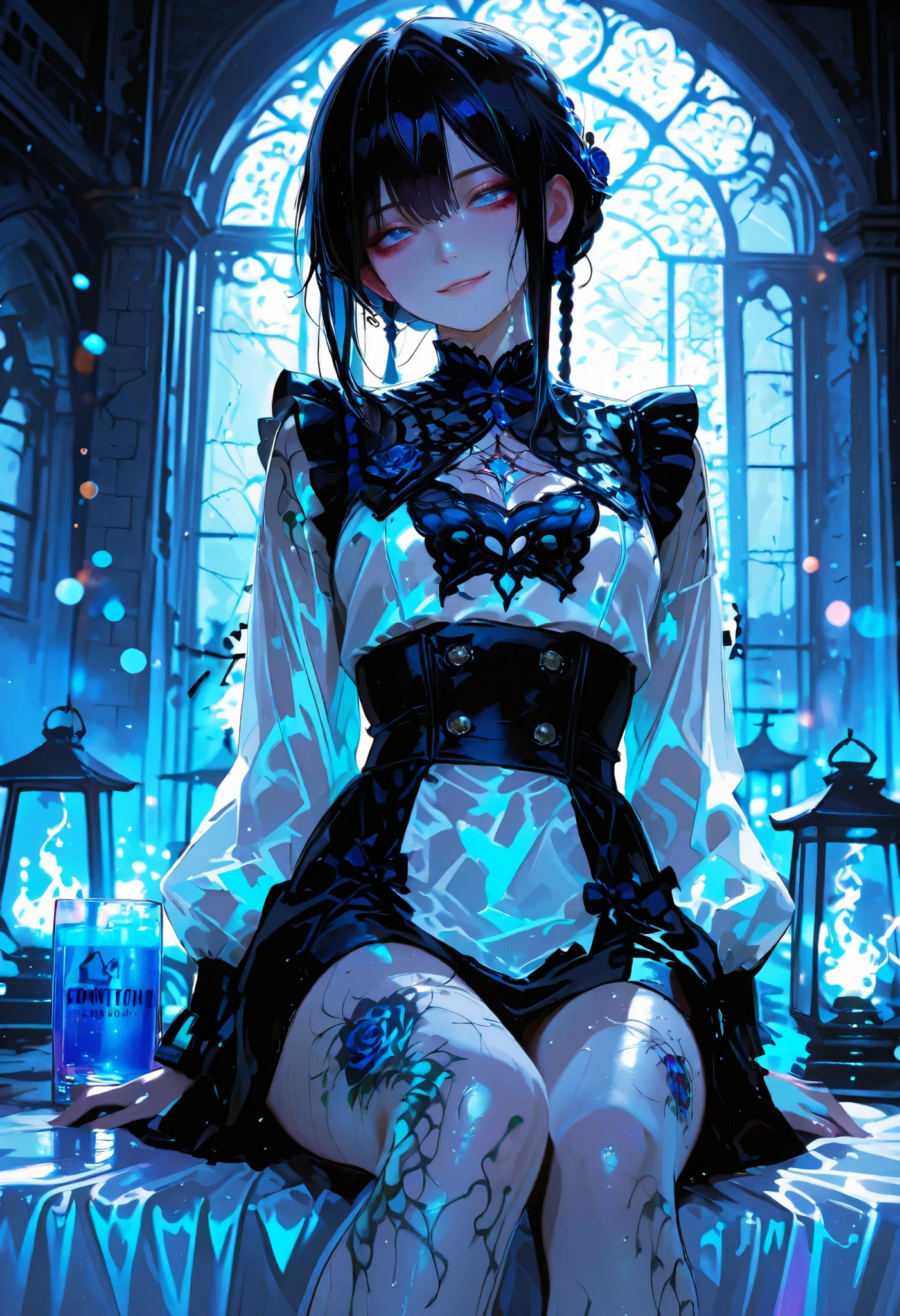 Haunted Castle、1 Midnight、The girl who lost her way、long black hair,Lanterns in hands、Lantern Lights、I'm not scared at all!、Lightning echoes、girl wet in the rain、big mansion like a castle、 Ghosts、dimly lit room、State of Ruins、Only ghost eyes light up,shortcuts,unkempt hair,Short braided hair,Neat,slender beauty,correct posture,small breasted,Beautiful legs,Enchanting Gray-Blue Eyes Shine Like Stars,Saggy Eyes,Brilliant Colors,beautiful eyes,A delicate smile,Textured Skin,Best quality at its best,gentle and beautiful woman,anime style、Seimitsu、4K resolution、High Quality、Super Detailed、Realistic、Realistic、HDR、UHD、STUDIO LIGHT、Transcendental Depiction、Clear Focus、PBR Rendering、Professional、Brilliant Colors彩、bokeh effect