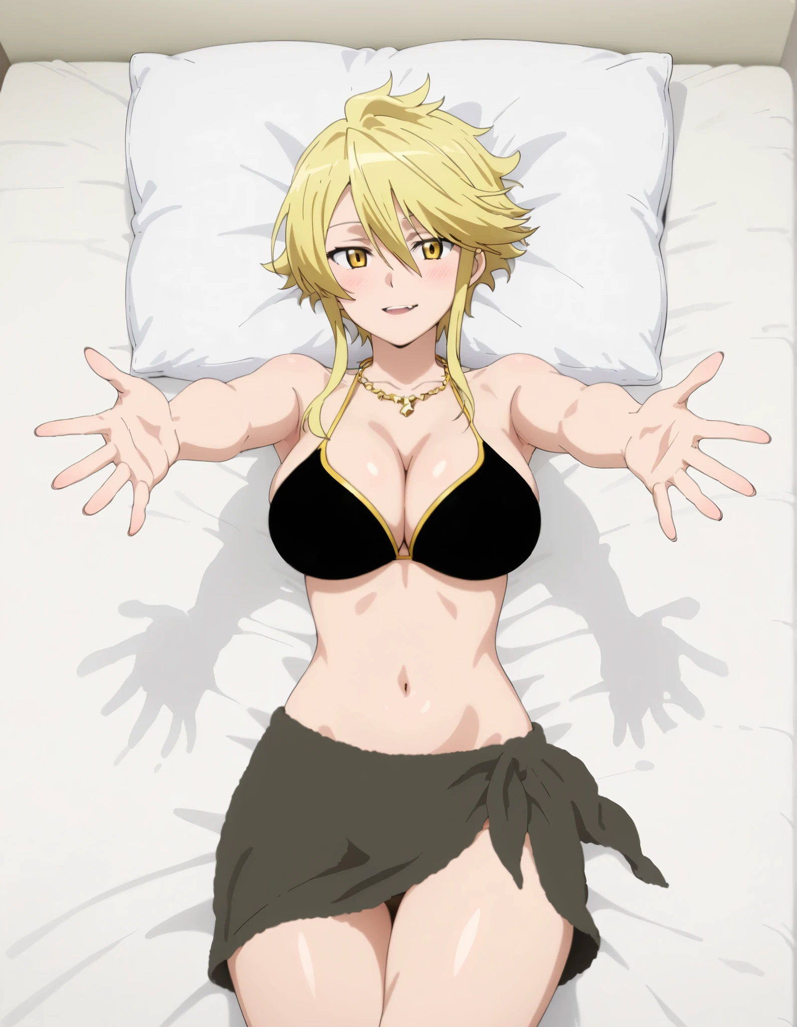 aaleone, short hair, blonde hair, yellow eyes, in a bikini laying in bed with her arms out, anime girl, seductive girl, sexy, pixiv