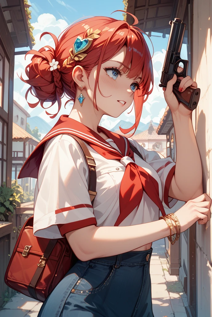 she wears a white hat with a red stripe on it, a turquoise sleeveless shirt, and red and white striped shorts. sHe also has cymbals strapped onto his hands. SPARKLE; GLITTER