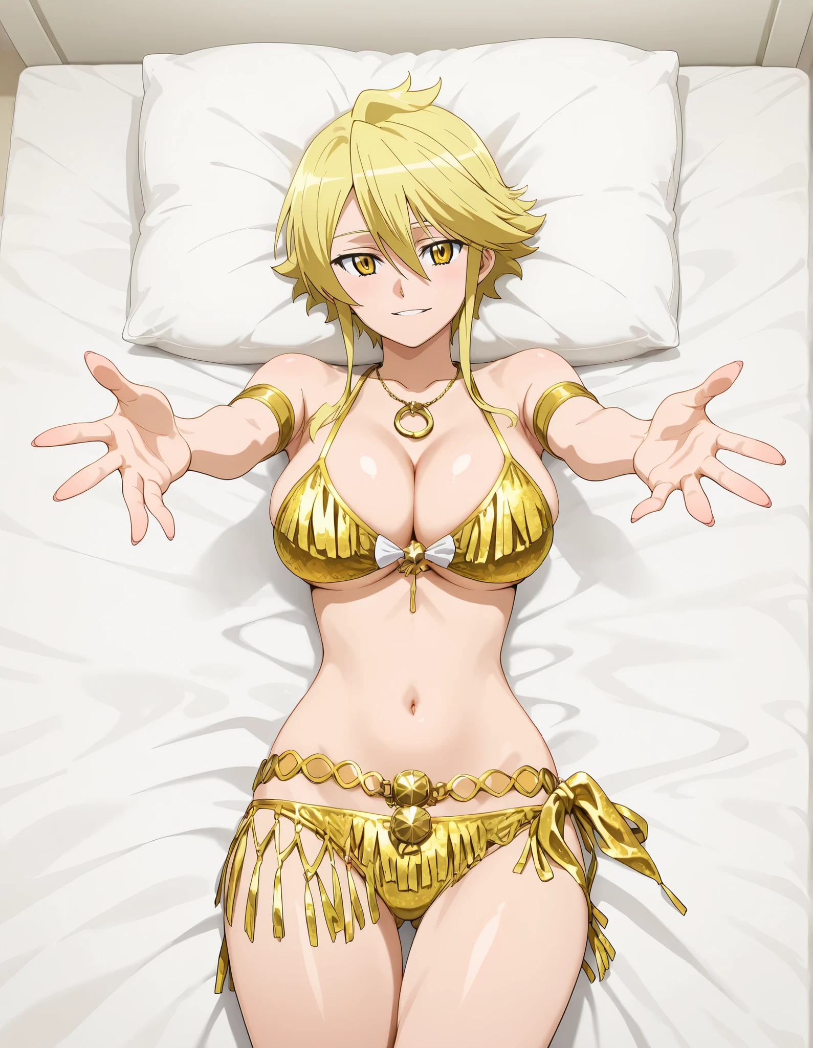 aaleone, short hair, blonde hair, yellow eyes, in a bikini laying in bed with her arms out, anime girl, seductive girl, sexy, pixiv