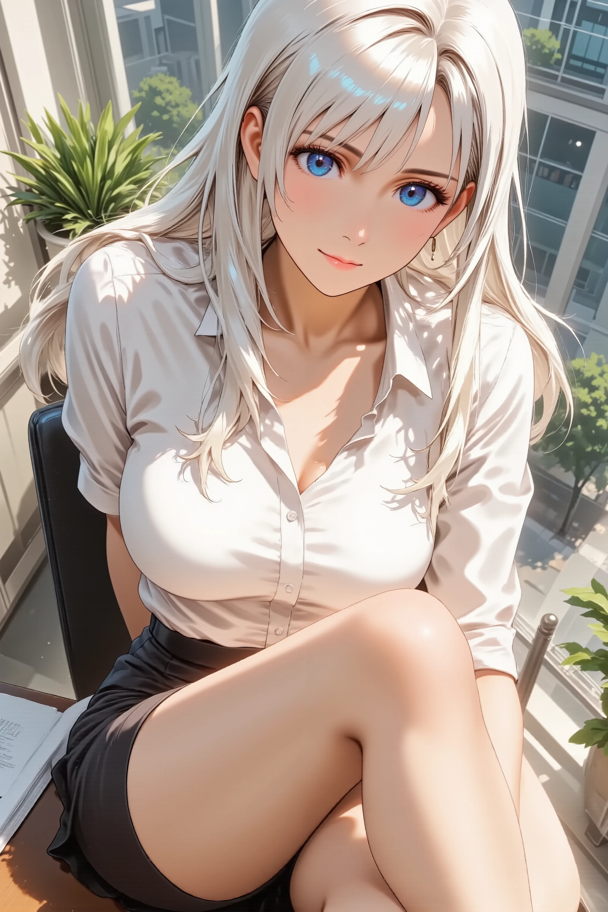best quality, masterpiece, anime style, high angle shot, beautiful office lady, attractive woman, sitting on a desk, legs crossed, professional tight skirt, white blouse, alluring pose, confident smile, wind blowing hair, detailed eyes, city background, soft lighting