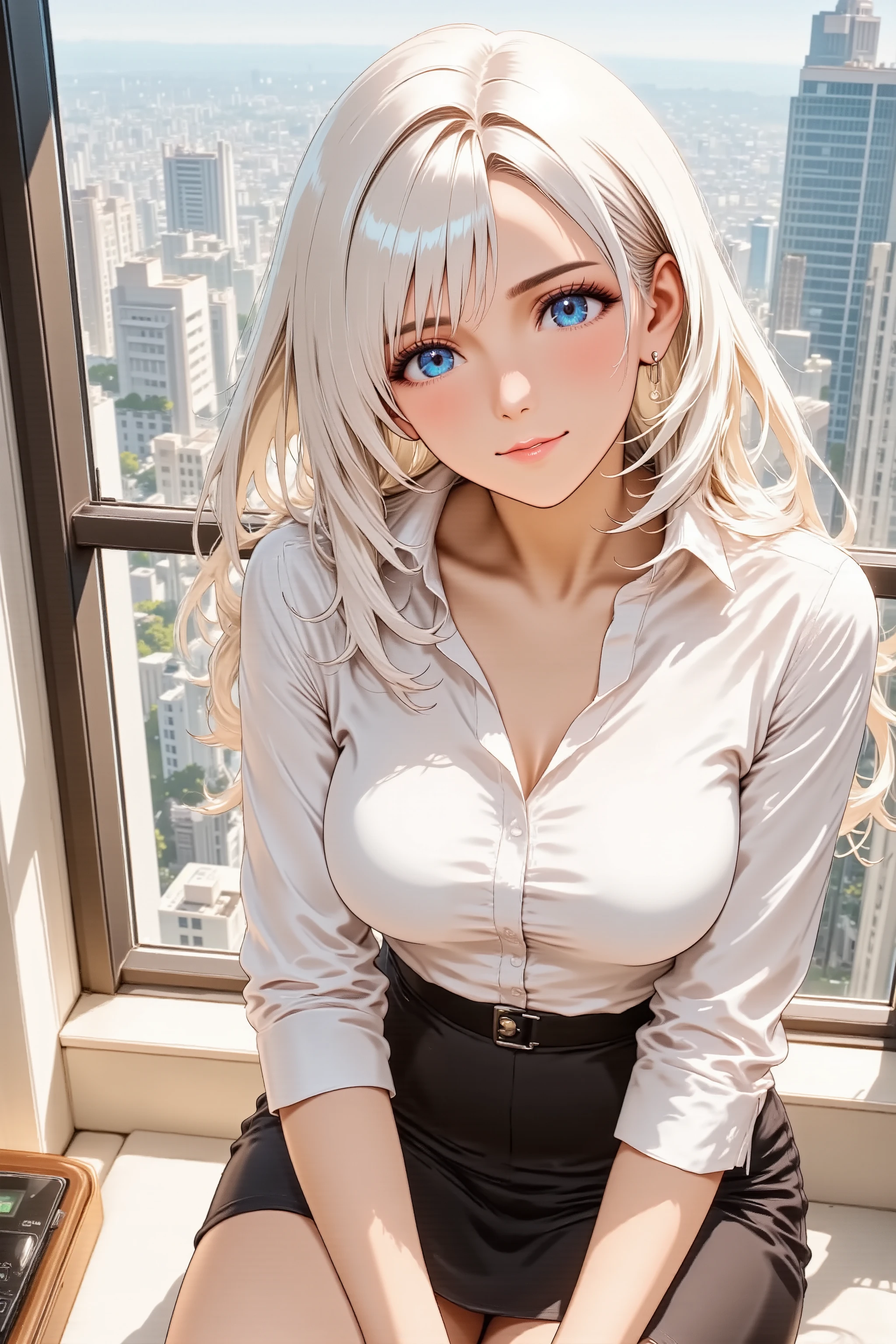 best quality, masterpiece, anime style, high angle shot, beautiful office lady, attractive woman, sitting on a desk, legs crossed, professional tight skirt, white blouse, alluring pose, confident smile, wind blowing hair, detailed eyes, city background, soft lighting
