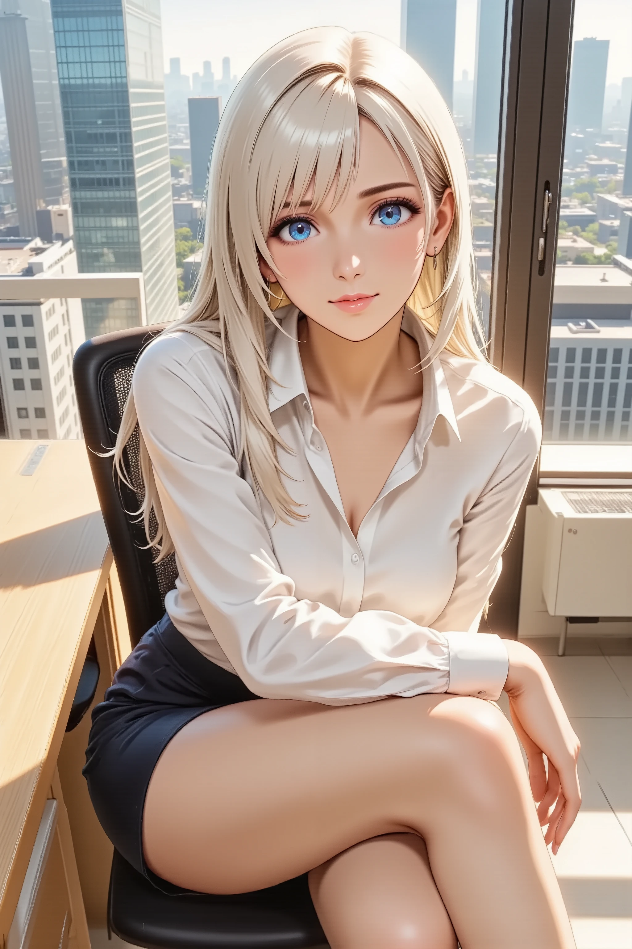 best quality, masterpiece, anime style, high angle shot, beautiful office lady, attractive woman, sitting on a desk, legs crossed, professional tight skirt, white blouse, alluring pose, confident smile, wind blowing hair, detailed eyes, city background, soft lighting