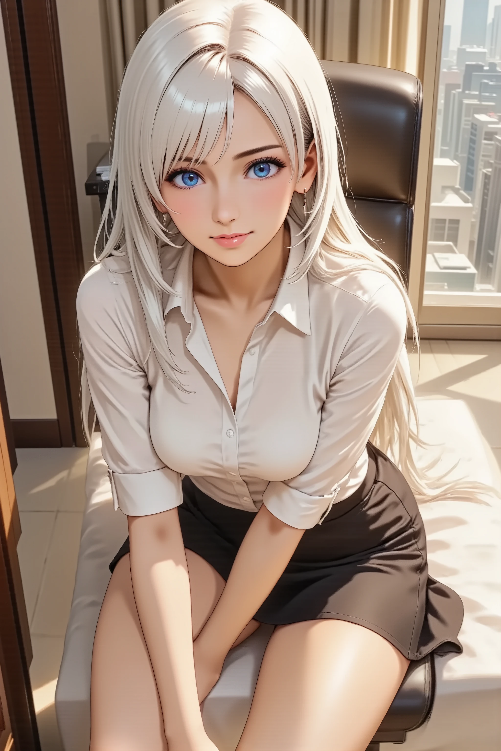 best quality, masterpiece, anime style, high angle shot, beautiful office lady, attractive woman, sitting on a desk, legs crossed, professional tight skirt, white blouse, alluring pose, confident smile, wind blowing hair, detailed eyes, city background, soft lighting