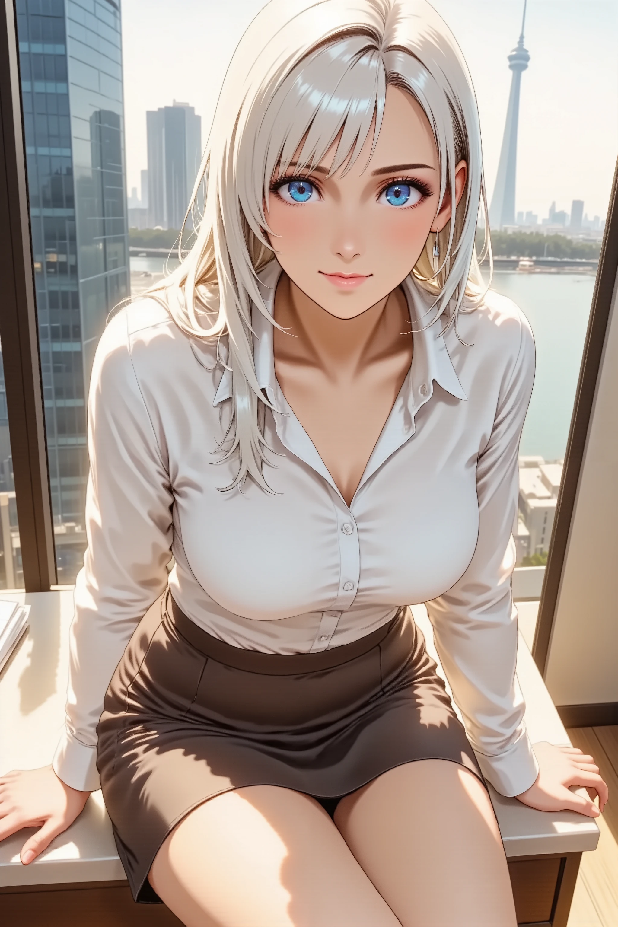 best quality, masterpiece, anime style, high angle shot, beautiful office lady, attractive woman, sitting on a desk, legs crossed, professional tight skirt, white blouse, alluring pose, confident smile, wind blowing hair, detailed eyes, city background, soft lighting