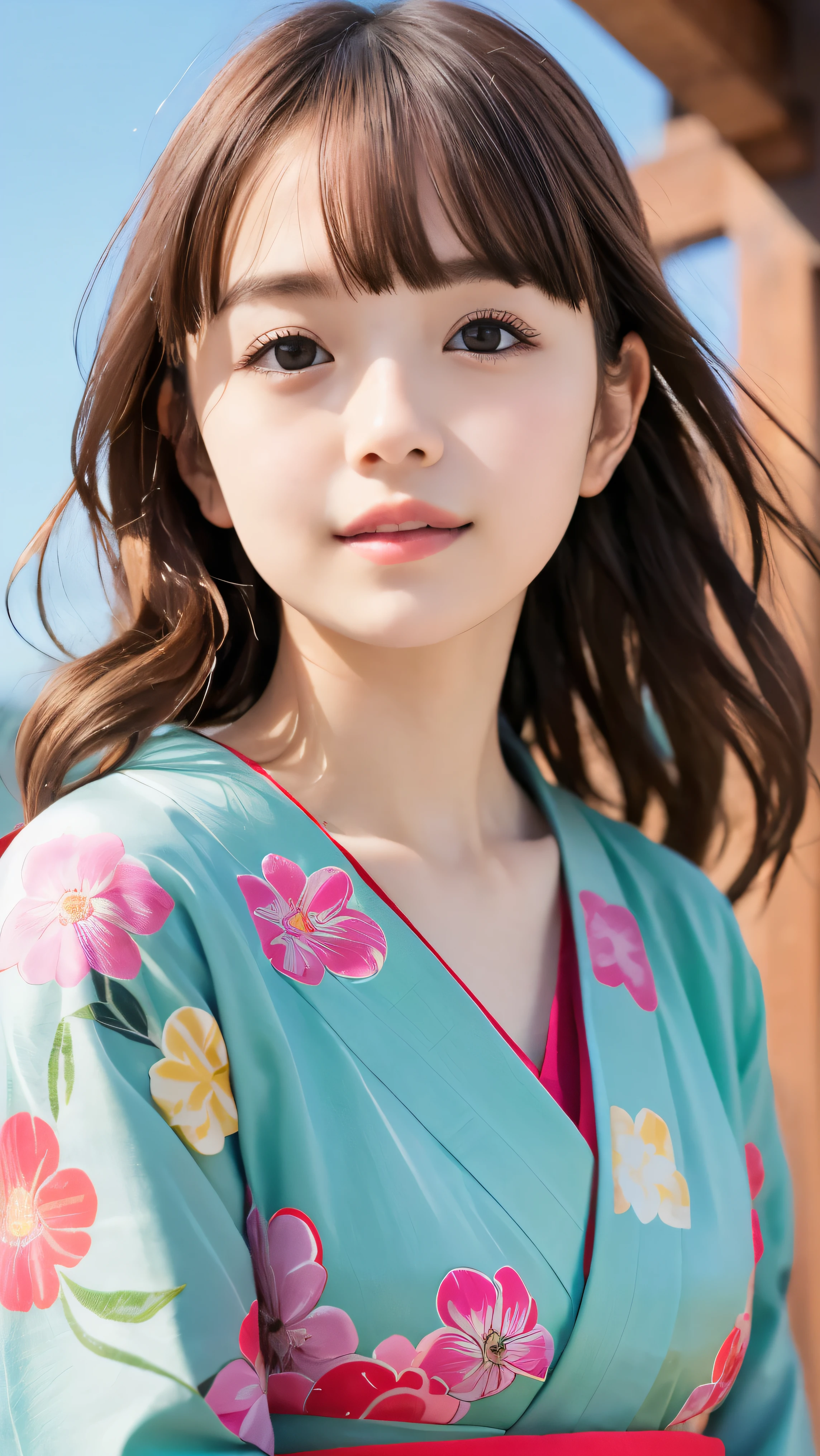 (Close up portrait of red brown wavy long hair with dull bangs girl in beautiful colorful kimono:1.5)、(One girl is enshrining a shrine in Japan with smiles:1.3)、(A shrine in Japan with a winter blue sky:1.5)、(8k ultra detailed master piece:1.5)、(perfect anatomy:1.5)、(Photorealistic stick:1.5)、(Raw photo:1.3)、(highest quality:1.5)、(High resolution:1.3)、(Delicate and beautiful perfect face:1.3)、(Delicate and beautiful eye air skin:1.3)、(Real Human Skin:1.3)、((thin legs))