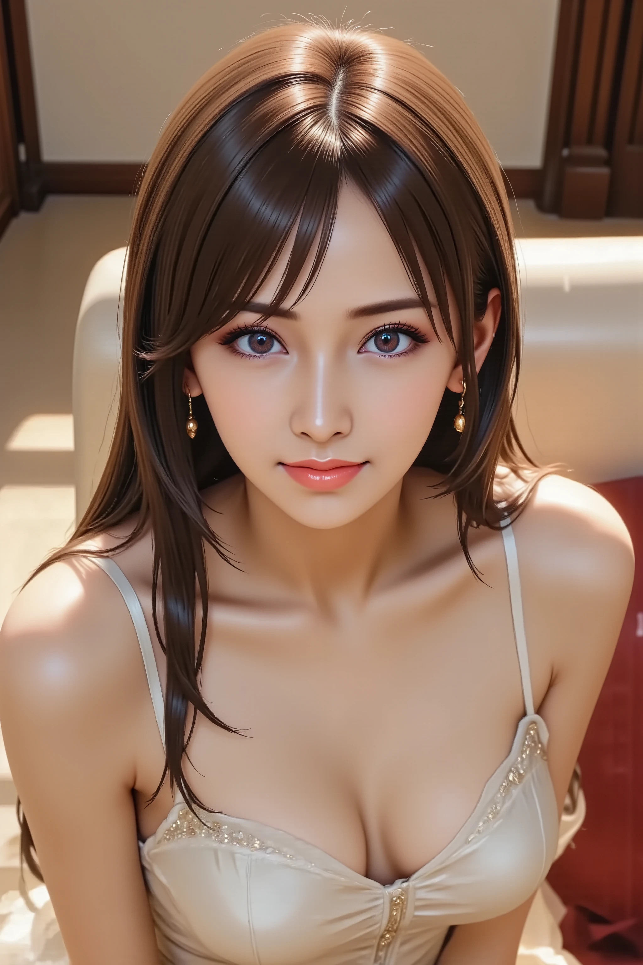 1girl, high angle shot, long hair, light smile, facing up, makeup, red lips, elegant dress, looking at viewer, from side, full body