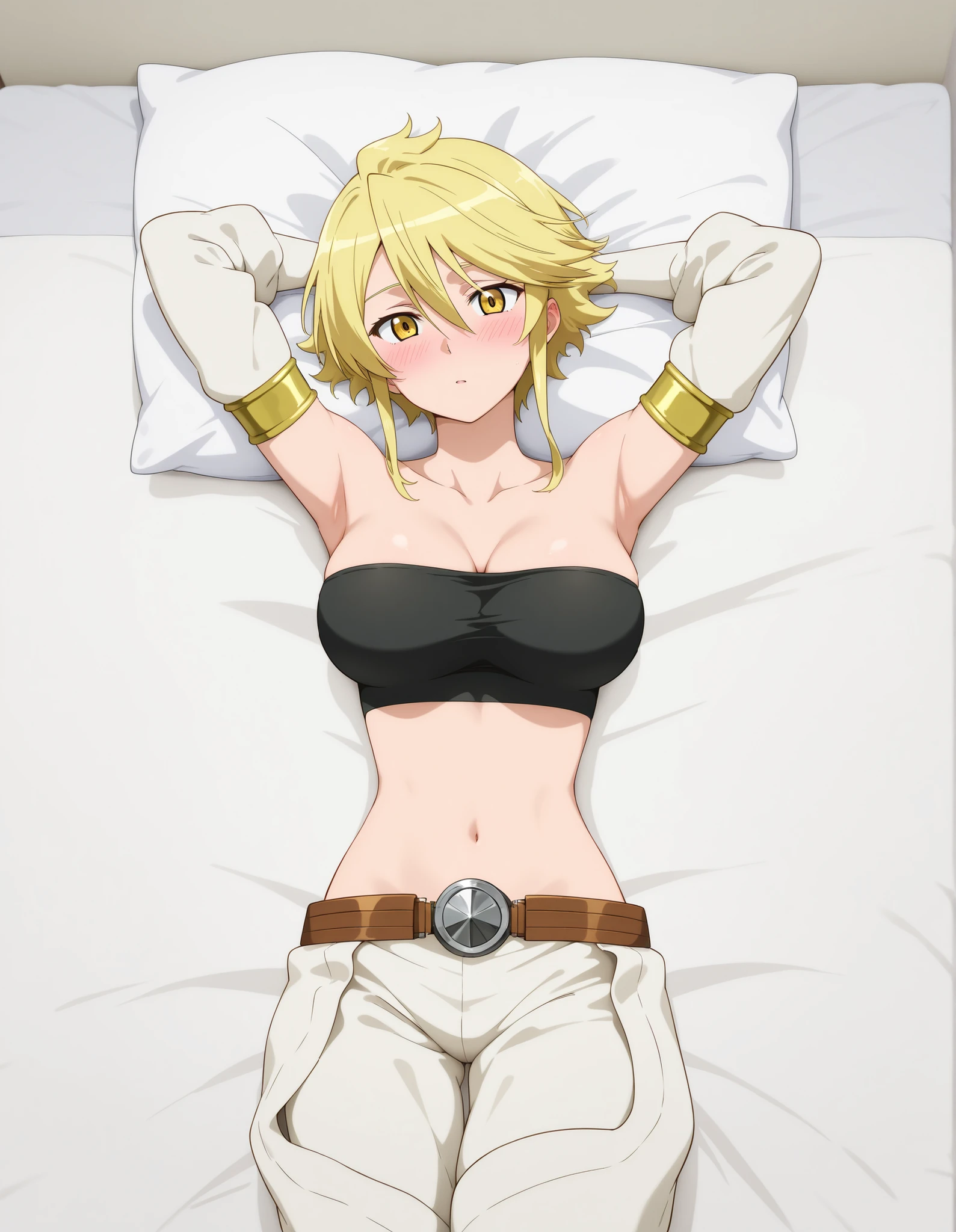 aaleone, short hair, blonde hair, yellow eyes, white, strapless, black tube top, midriff, belt, black panties, chaps, white pants, sleep on white bed, lay on bed, blushing