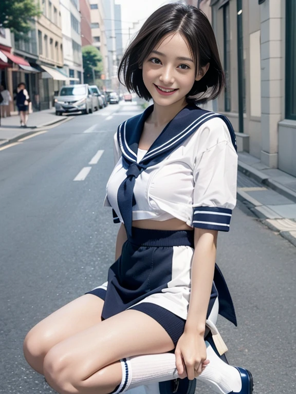 The girl standing in the schoolyard、Just in a sailor suit、high_Wear leg  panties、Stretch your back、22 years old、bangs、smile a little、thighs、short hair、Down、turn your body towards the viewer、look at the viewer、 not_NSFW

