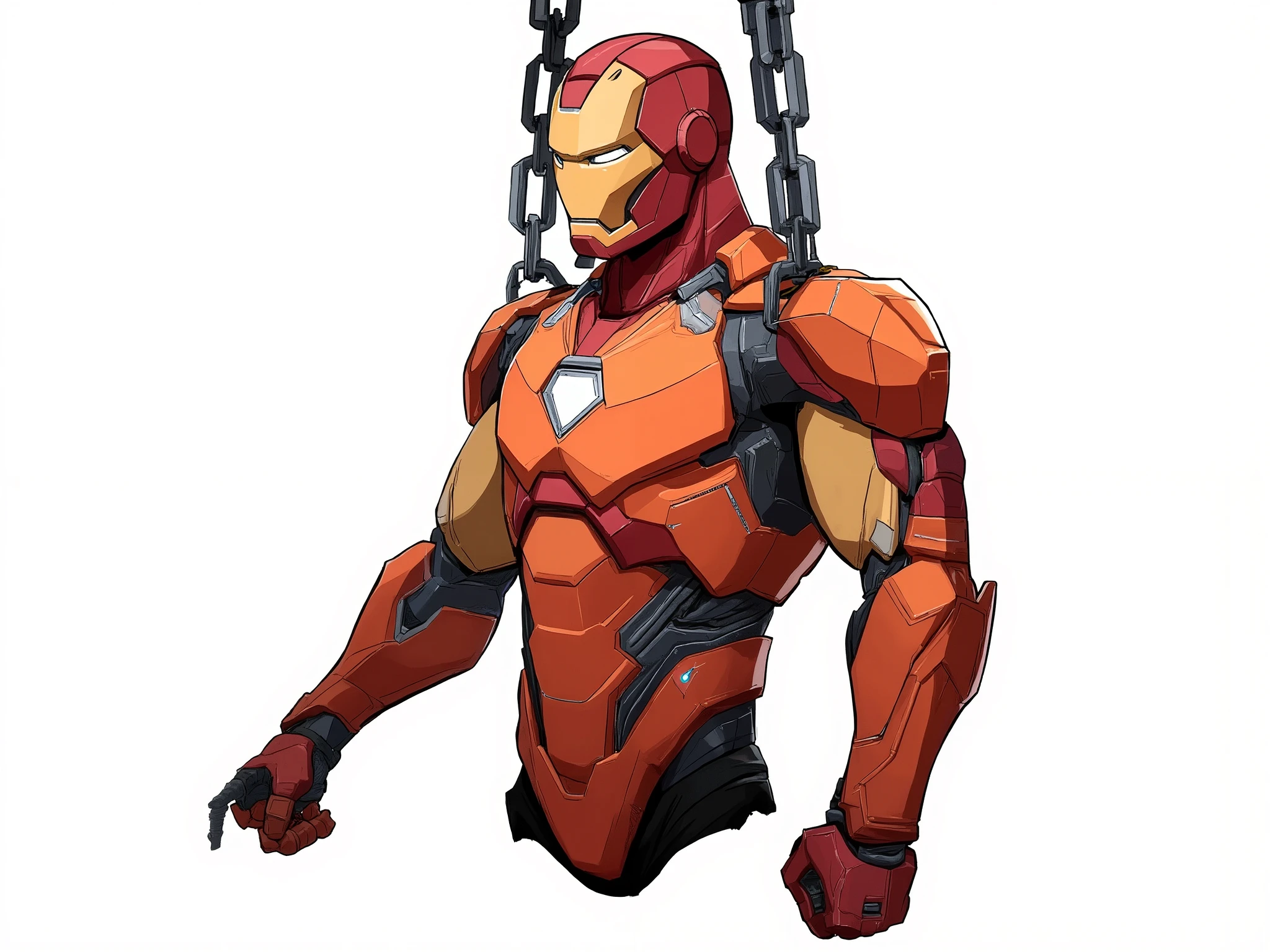 A upperbody of shutdown ironman armour hanging in chains, shutdown helmet is attached to the armour, the armour has no legs and no thighs, orange colour with silver accents, triangular arc reactor on the chest, sleek athletic body, 2.5D cartoon style, 8K ultra HD, high quality, internal wires coming out of the armour, bold black outlines, white background, dynamic view, side view 