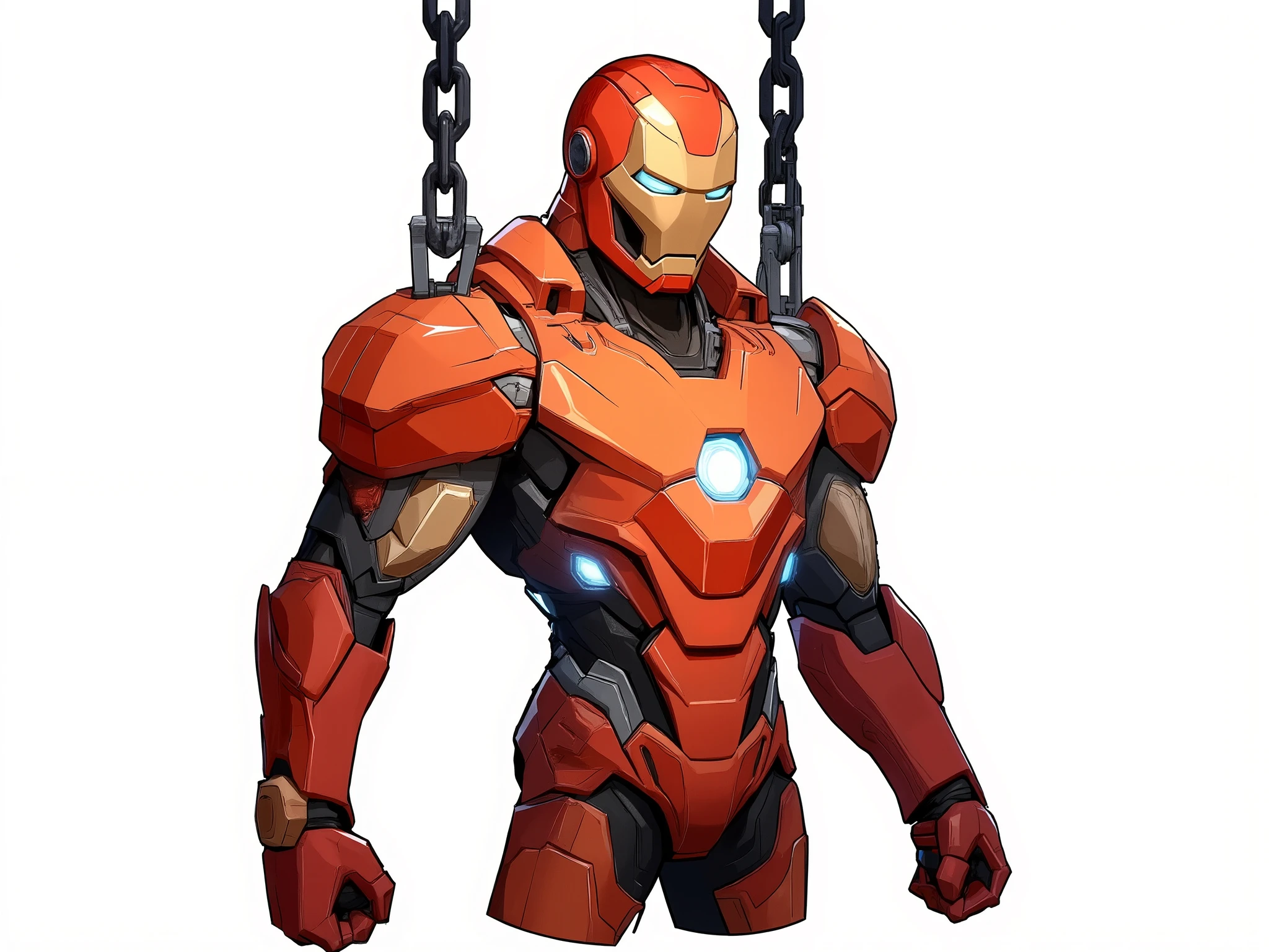 A upperbody of shutdown ironman armour hanging in chains, shutdown helmet is attached to the armour, the armour has no legs and no thighs, orange colour with silver accents, triangular arc reactor on the chest, sleek athletic body, 2.5D cartoon style, 8K ultra HD, high quality, internal wires coming out of the armour, bold black outlines, white background, dynamic view, side view 