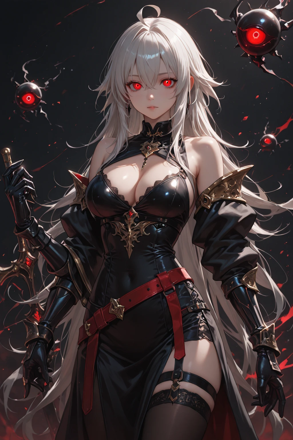 Gray Hair　Red Eye　Black clothes　Sickleを持っている　boots　Eye patch　Kitchen 2 Disease　nice　Crow　Sickle　dark　dark darkness　大Sickle　grim Reaper　evil　ponytail　Long coat　boss　ラスboss　Red Moon　Blindfold、Camel Toe、Giant tit、Nipple Puffs、Cleavage、Plump、Super big breasts、Super big butt、Bonfire
