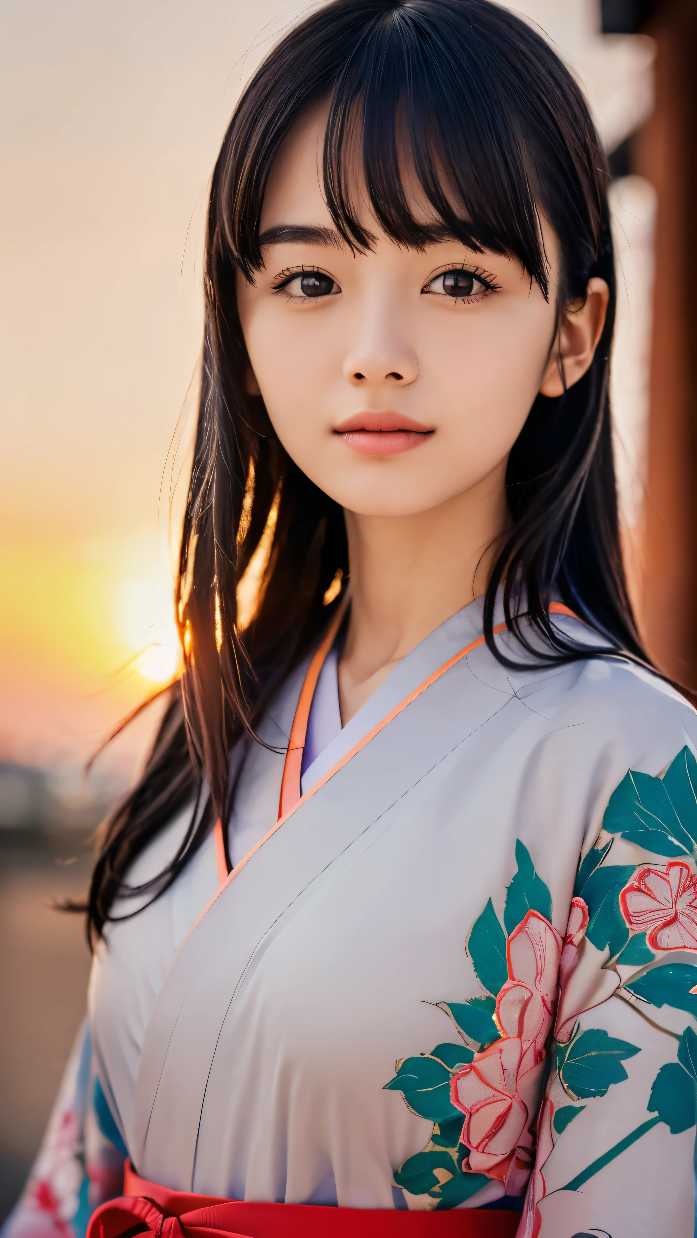 (Close up portrait of dark silver long hair with swept bangs girl in beautiful colorful kimono:1.5)、(One girl is  enshrining a shrine in Japan with smiles:1.3)、(A shrine in Japan with a winter sunset red sky:1.5)、(8k ultra detailed master piece:1.5)、(perfect anatomy:1.5)、(Photorealistic stick:1.5)、(Raw photo:1.3)、(highest quality:1.5)、(High resolution:1.3)、(Delicate and beautiful perfect face:1.3)、(Delicate and beautiful eye air skin:1.3)、(Real Human Skin:1.3)、((thin legs))