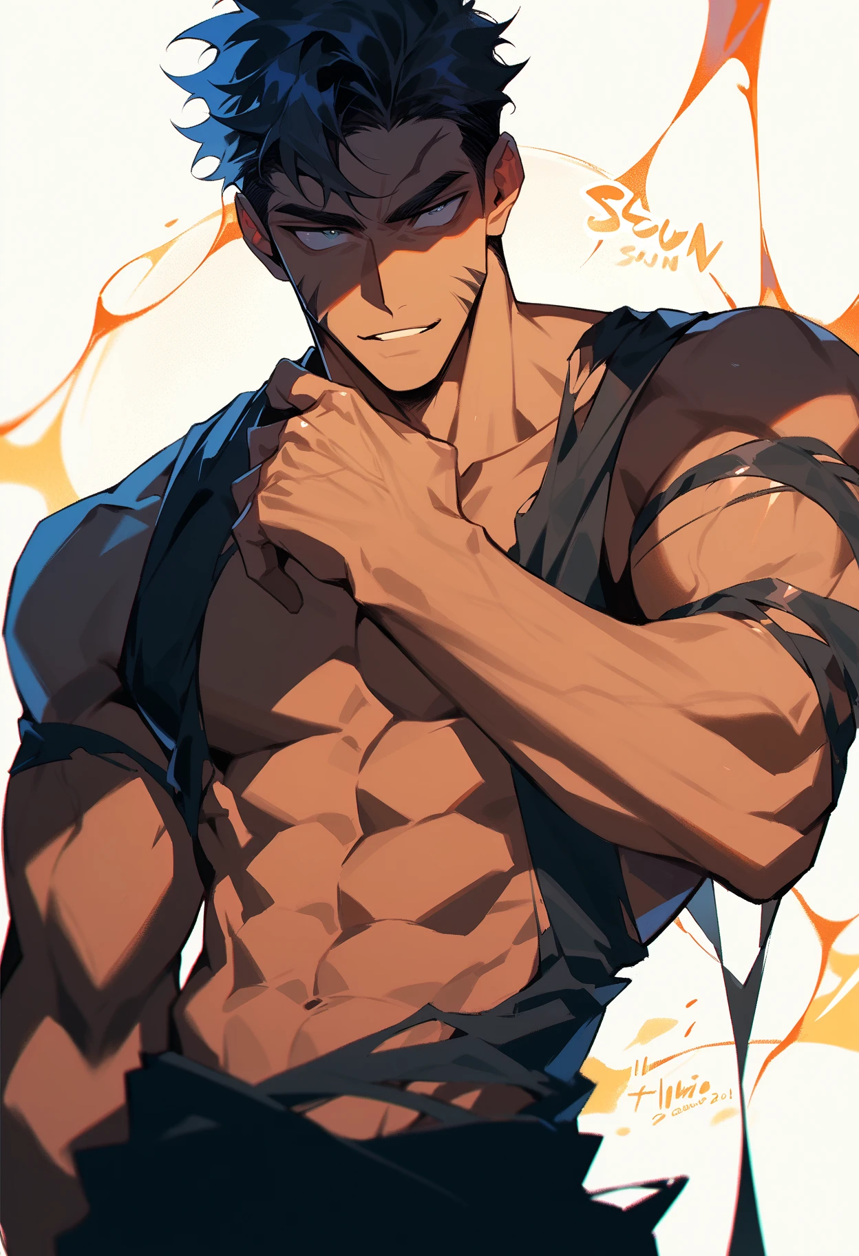 wilnas,  granblue fantasy, (masterpiece:2), (best quality:2), (high quality:2), (solo:1.27), (muscular male:1.27), (bara:1.27), satisfaction, happy, pleasure, (dynamic angle:1.21),(dynamic hair:1.27),(detailed pupils:1.21),looking at viewer, (dynamic pose:1.15), (beautiful detailed hands:1.21), illustration, (cinematic light:1.15), ultra detailed, (disheveled hair:1.34), (big bulge:1.4), (large pectorals:1.3), pectoral , sidepec, (abs:1.3), (thighs:1.3), (bulky:1.2), novel_illustration, anime_screencap, (valentine:1.4), (apron:1.3), cooking flaming, chocolate, (micro fundoshi:1.5), flaming sword, explosion, male focus, fire, fiery wings, fiery hair, flame, pyrokinesis, breathing fire