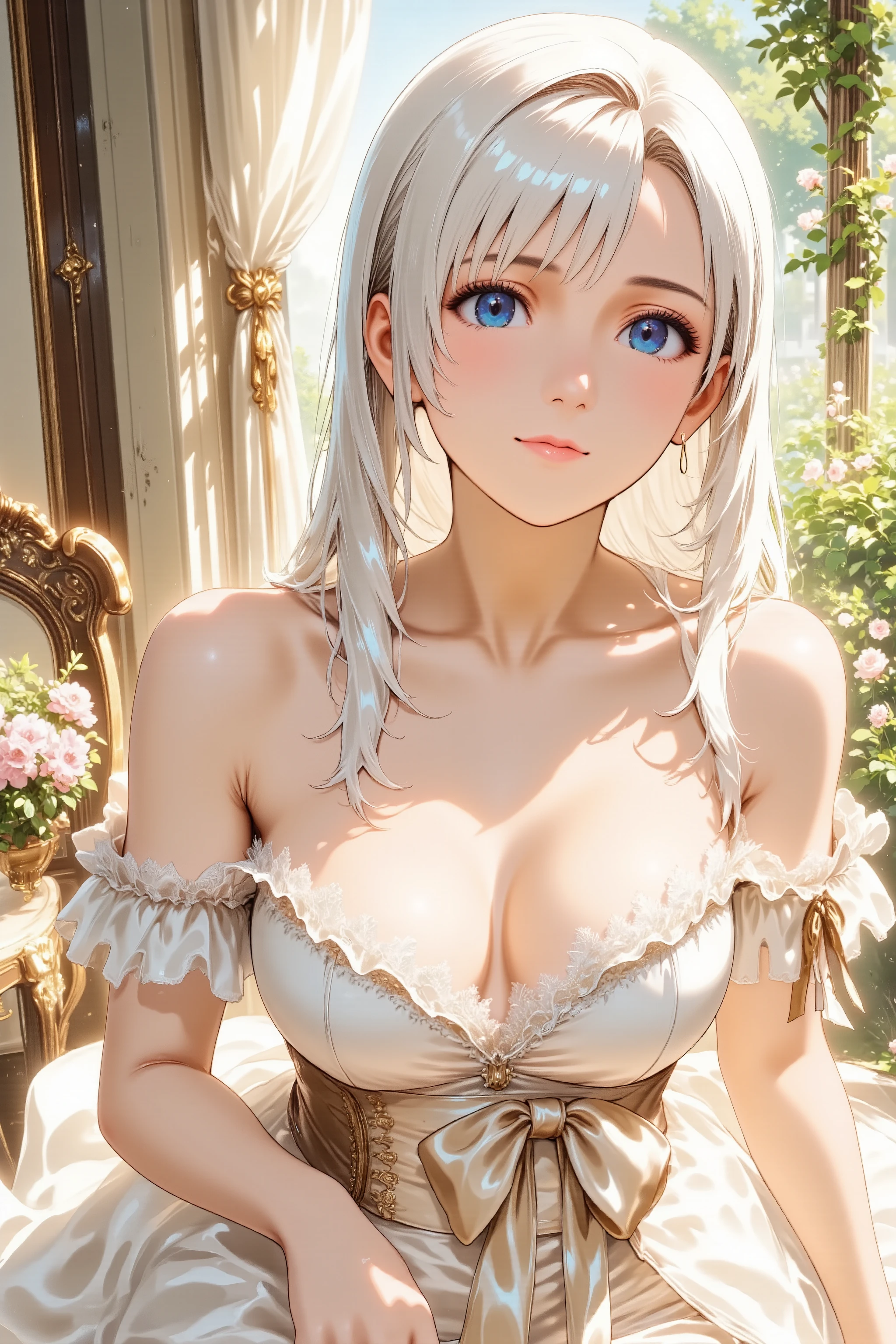 anime style、High Angle Shot、Elegant Late Teenage Woman、Luxurious Rococo Dress with Ruffles and Lace、big ribbon、Poses with slightly bent knees、Smile、makeup、red lips、Inside a blooming garden、Bright Sunlight、delicate use of colors、flying、Detailed Decorations