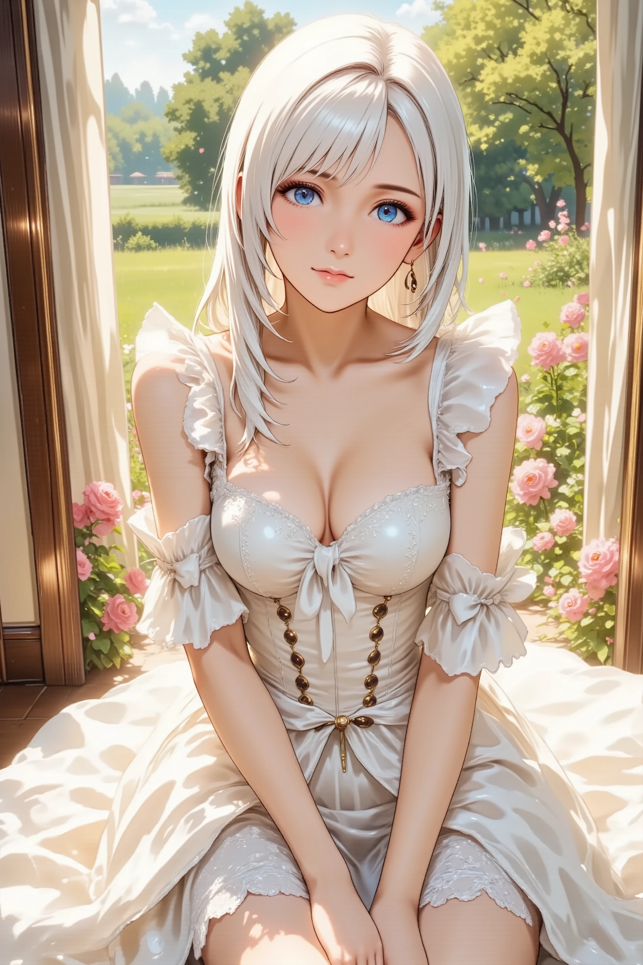 anime style、High Angle Shot、Elegant Late Teenage Woman、Luxurious Rococo Dress with Ruffles and Lace、big ribbon、Poses with slightly bent knees、Smile、makeup、red lips、Inside a blooming garden、Bright Sunlight、delicate use of colors、flying、Detailed Decorations