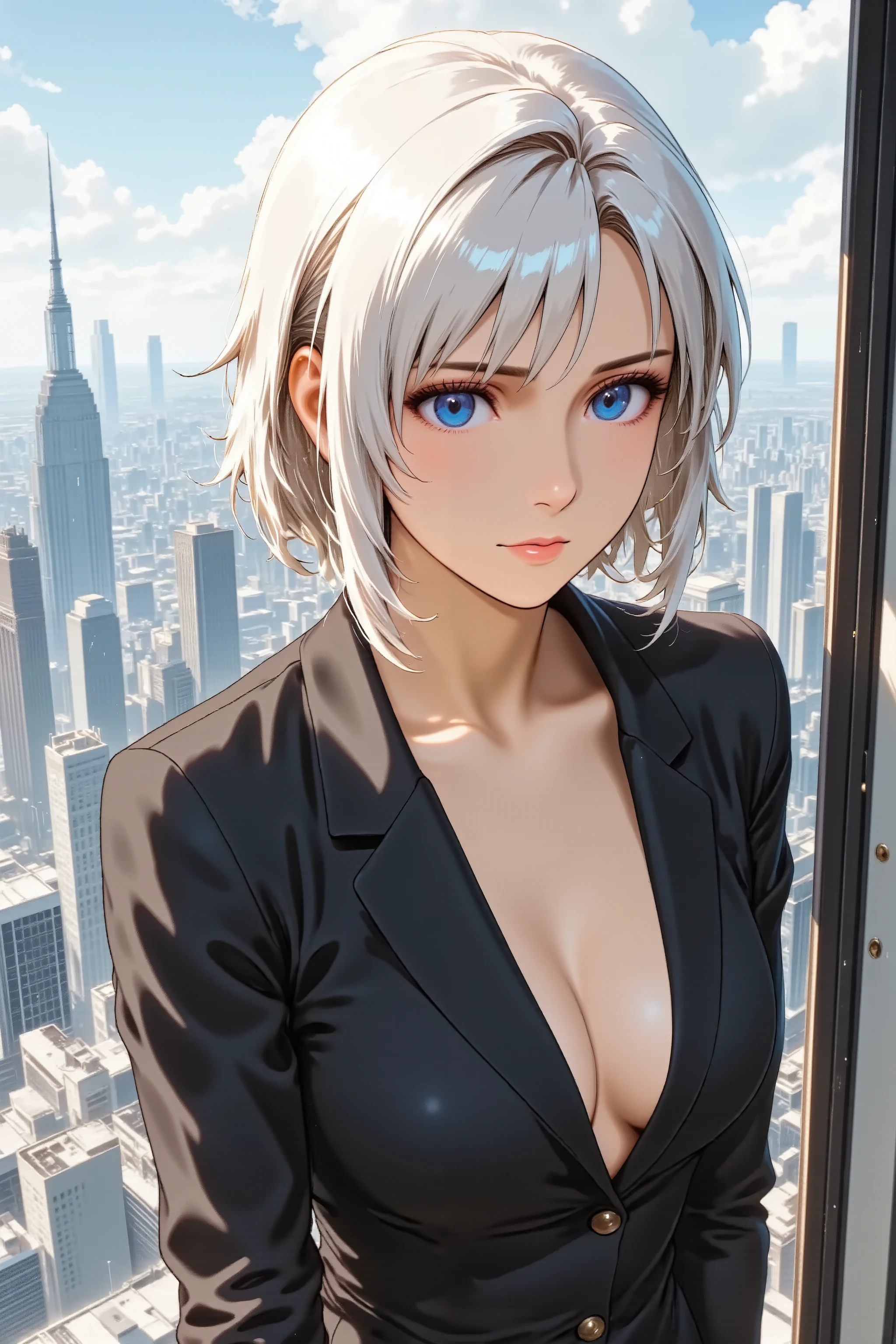 anime style、High Angle Shot、Woman in her 30s with a cool vibe、stylish business suit、flowing short hair、arms folded and looking down、sharp gaze、makeup、red lips、on the roof of a high-rise building、cloudy sky、Cold Light、sharp line、Professional Atmosphere