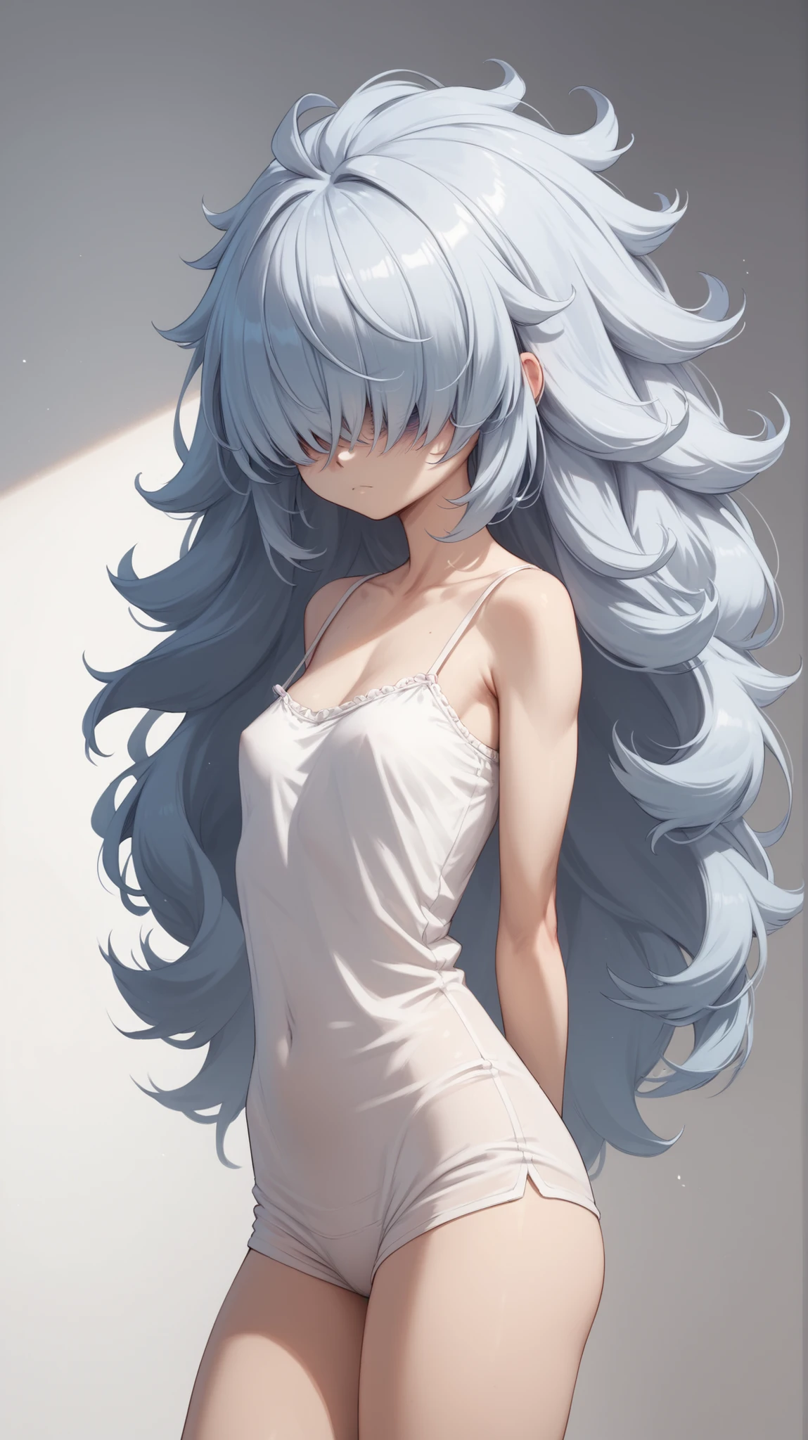 hair over eyes, bags under eyes, (fluffy big hair), white camisole, standing, sexy