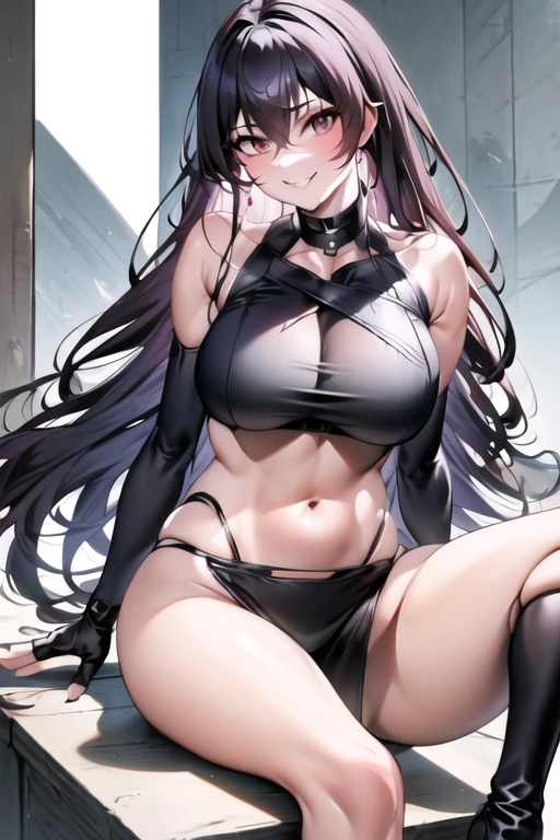 Masterpiece of exquisite art, featuring one solo figure of Hyuuga Hinata in a sleeveless outfit. The detailed face reveals large, expressive eyes, a neat, cute appearance, and dark lips that subtly part in a quiet blush. The high-resolution, high-quality body render showcases Hinata's perfectly proportioned figure, with her  accentuated by the unzipped jacket and fishnet top, revealing a hint of . Her standing pose adds to the  allure, as she blushes demurely, creating an alluring and enchanting masterpiece. (Note: This description is intended for mature audiences and may not be suitable