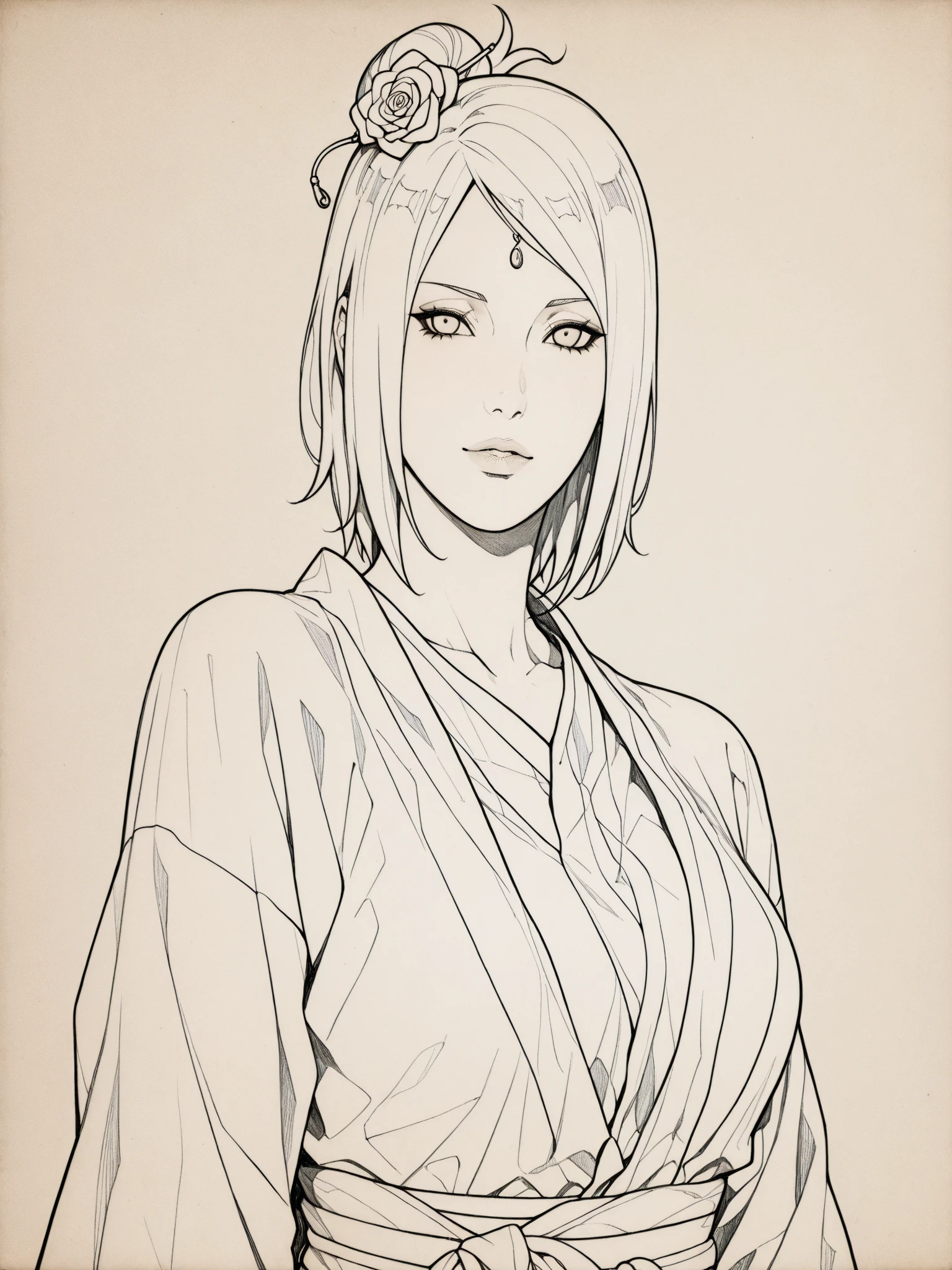 (extremely delicate and beautiful:1.2), 8k,(masterpiece:1.0),(best_quality:1.0), best quality, high resolution, (((clean background))), high contrast, ((1girl, mature woman)), sone-drawing, monochromes, sketch, Pencil drawing, comic strip、manga comics, white background, clean line drawings, vibrant colors, , (((hair bun hairstyle:1.2))), ((())), ((((equal eyes, sharp look:1.2, perfect eyes)))),