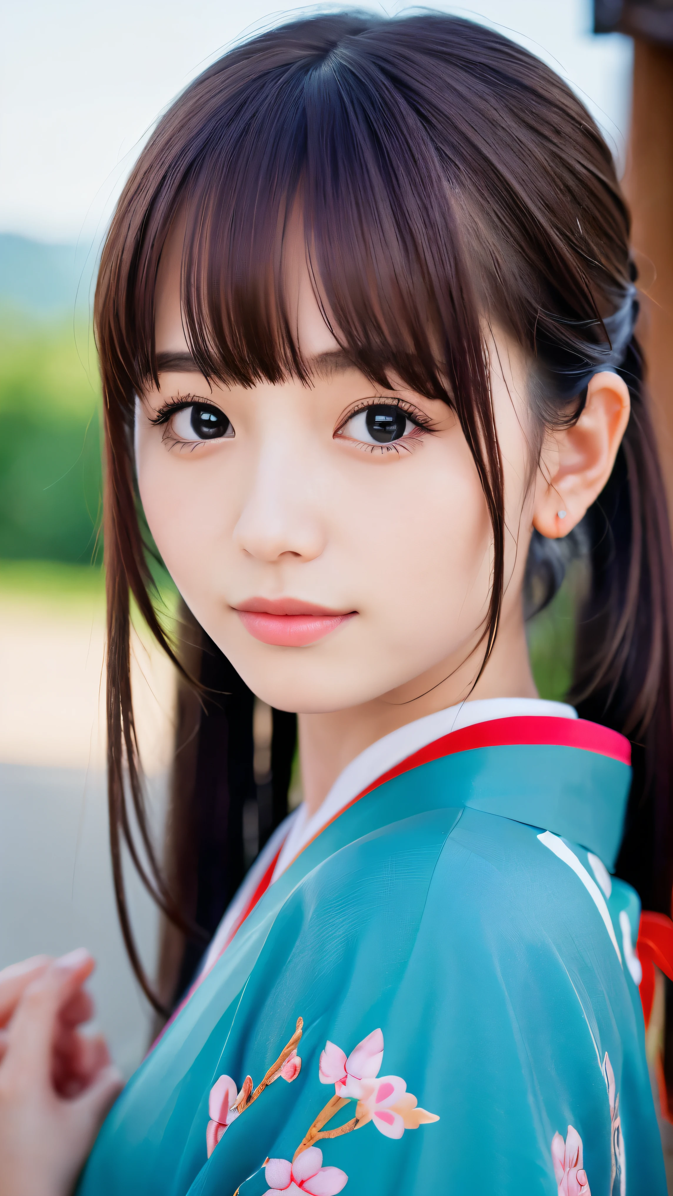 (Close up portrait of twin tailed long hair with bangs between eyes girl in beautiful colorful kimono:1.5)、(One girl is enshrining a shrine in Japan with smiles:1.3)、(A shrine in Japan with a winter blue sky:1.5)、(8k ultra detailed master piece:1.5)、(perfect anatomy:1.5)、(Photorealistic stick:1.5)、(Raw photo:1.3)、(highest quality:1.5)、(High resolution:1.3)、(Delicate and beautiful perfect face:1.3)、(Delicate and beautiful eye air skin:1.3)、(Real Human Skin:1.3)、((thin legs))