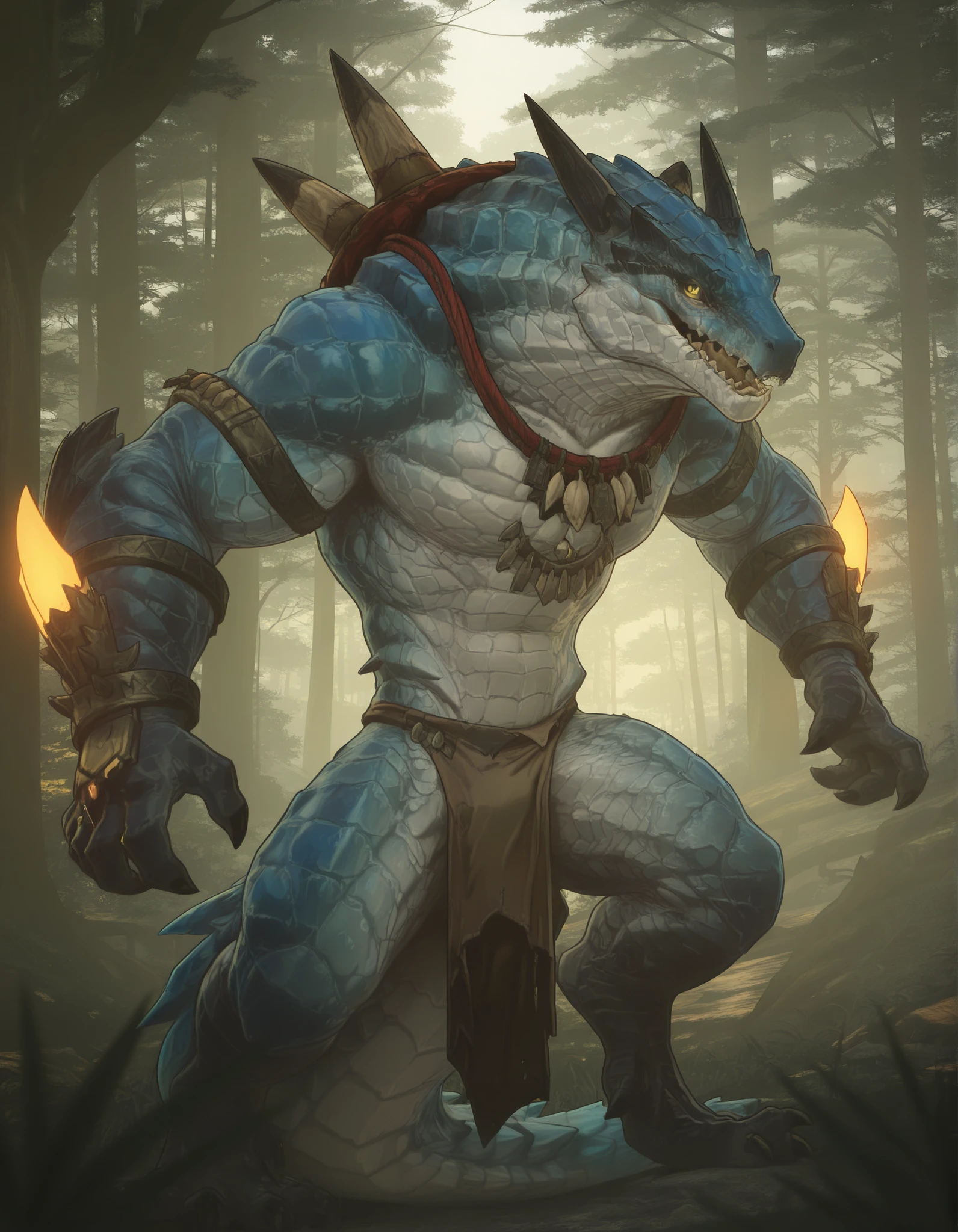 masterpiece, best quality, amazing quality, very aesthetic, absurdres, newest, scenery, extreme detail, 8k, detailed eyes, yellow eyes, by Riolutiny, anthro, reptile, male, scalie, lizard, solo, extremely detailed scales, yellow eyes, bara, the Blue tongued Skink and the Blue tailed skink hybrid, gray body, glowing neon blue tail and maw, thick tail, wide chest, glowing iris, strong, muscular, thick scales on arms and legs, proporcional body, wide chest, trapezoid body type, armored, tribal tattoos on the body, wearing loincloth, marked jaw, forest background, looking at viewer, dutch angle