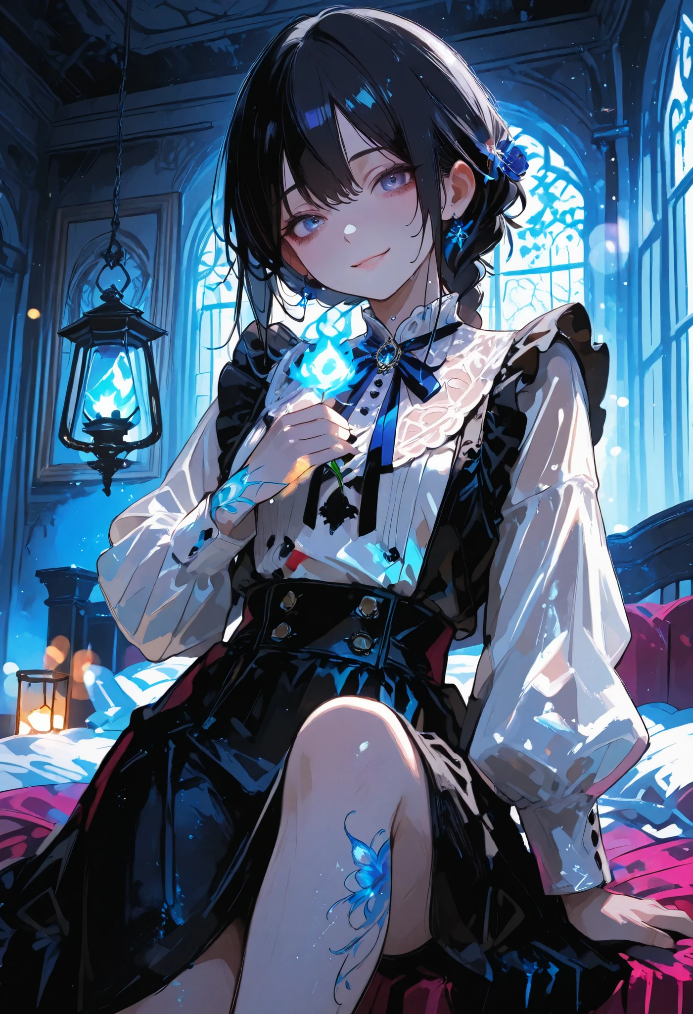 Haunted Castle、1 Midnight、The girl who lost her way、long black hair,Fireball in hand、Lantern Lights、I'm not scared at all!、Lightning echoes、girl wet in the rain、big mansion like a castle、 Ghosts、dimly lit room、State of Ruins、Only ghost eyes light up,shortcuts,unkempt hair,Short braided hair,Neat,slender beauty,correct posture,small breasted,Beautiful legs,Enchanting Gray-Blue Eyes Shine Like Stars,Saggy Eyes,Brilliant Colors,beautiful eyes,A delicate smile,Textured Skin,Best quality at its best,gentle and beautiful woman,anime style、Seimitsu、4K resolution、High Quality、Super Detailed、Realistic、Realistic、HDR、UHD、STUDIO LIGHT、Transcendental Depiction、Clear Focus、PBR Rendering、Professional、Brilliant Colors彩、bokeh effect