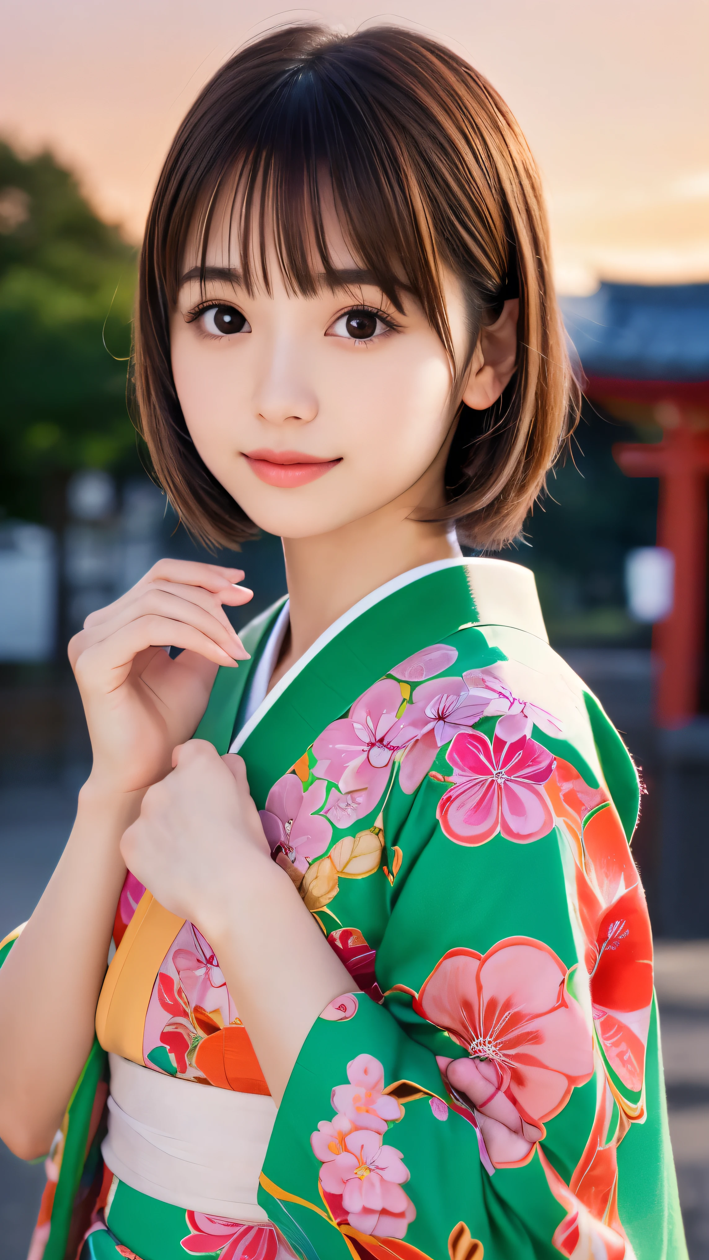 (Close up portrait of round face brown short hair with bangs girl in beautiful colorful kimono:1.5)、(One girl is enshrining a shrine in Japan with smiles:1.3)、(A shrine in Japan with a winter sunset red sky:1.5)、(8k ultra detailed master piece:1.5)、(perfect anatomy:1.5)、(Photorealistic stick:1.5)、(Raw photo:1.3)、(highest quality:1.5)、(High resolution:1.3)、(Delicate and beautiful perfect face:1.3)、(Delicate and beautiful eye air skin:1.3)、(Real Human Skin:1.3)、((thin legs))