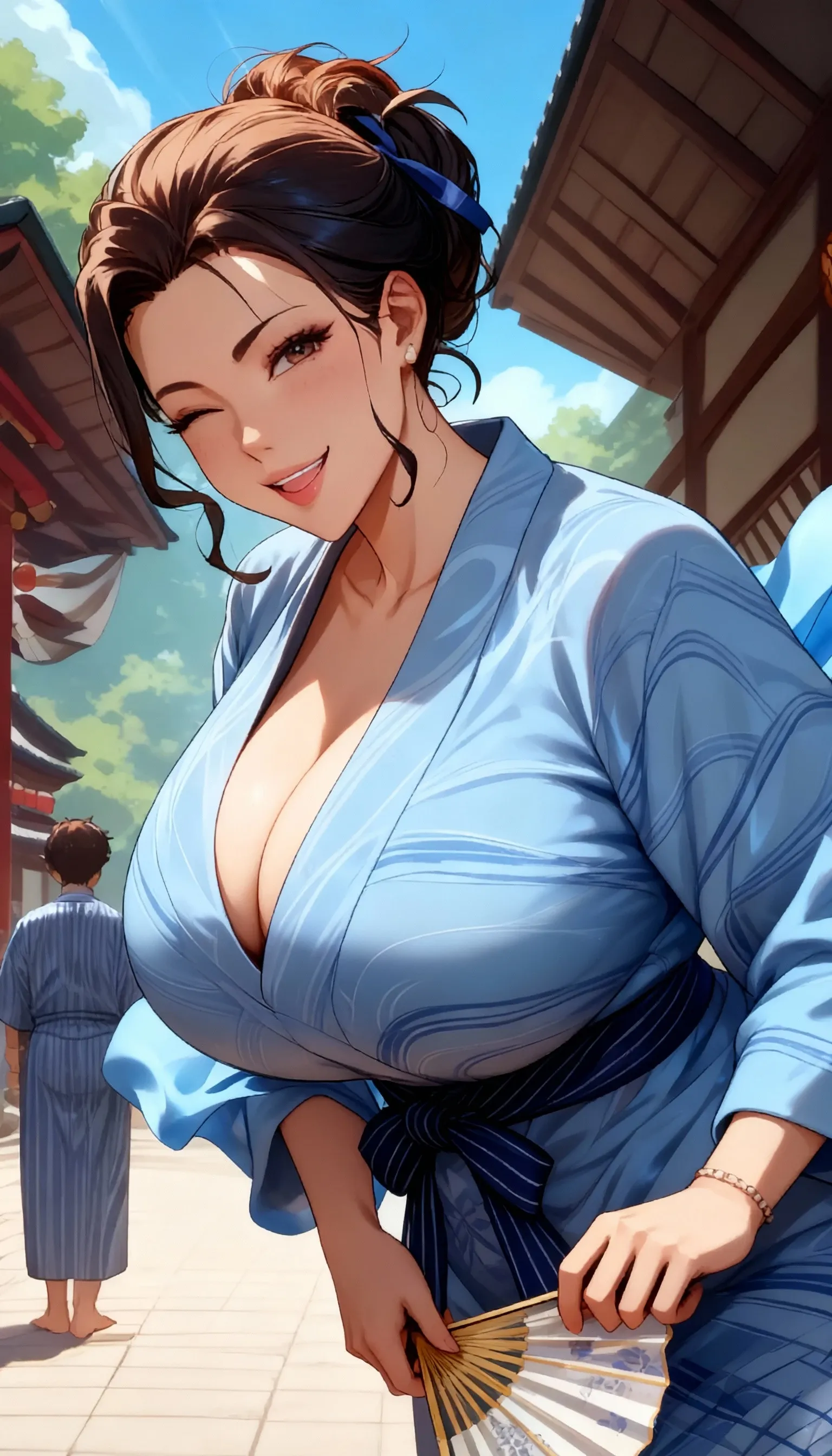 (((50-year-old woman、Wearing a thin, transparent blue kimono、??????? and ??????? exposed。)))、High resolution、high quality、High resolution、detailed、masterpiece、Mature Woman、Big smile、Light brown hair、ponytail、Perfect Proportions、Kimono-style costume、Pink Panties、Kimono style garter belt、Revealing clothing、The thighs are exposed、(((The background is a large waterfall、Splash、Wearing black panties)))hair accessory、Earrings