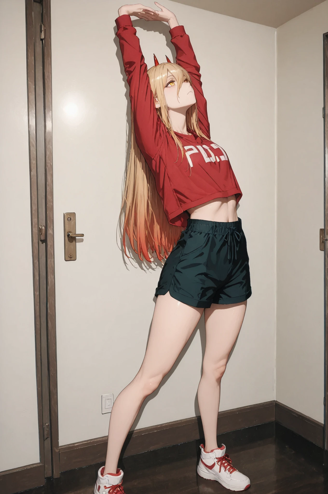 power_v1, 1girl, red horns, long hair, hair between eyes, red shirt , shorts, yellow eyes, high definition eyes, detailed eyes, high gradient eyes, eyesHD, cammystretch, stretching, arms up, 1girl, solo, full body view, the girl is very beautiful, the girl has an incredibly beautiful face, detailed skin image, anatomically accurate ratio. The girl is in cosy apartment in Japan. Masterpiece, best quality, amazing quality, hyper-detailed, newest, very aesthetic (masterpiece, detailed:1.2). Proper lighting, proper shadows, detailed background