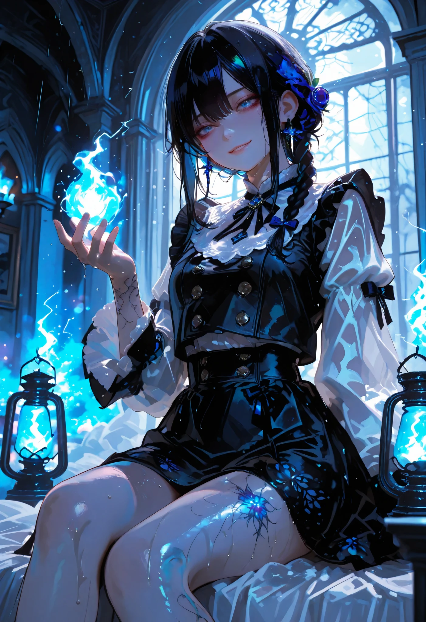 Haunted Castle、1 Midnight、The girl who lost her way、long black hair,Fireball in hand、Lantern Lights、I'm not scared at all!、Lightning echoes、girl wet in the rain、big mansion like a castle、 Ghosts、dimly lit room、State of Ruins、Only ghost eyes light up,shortcuts,unkempt hair,Short braided hair,Neat,slender beauty,correct posture,small breasted,Beautiful legs,Enchanting Gray-Blue Eyes Shine Like Stars,Saggy Eyes,Brilliant Colors,beautiful eyes,A delicate smile,Textured Skin,Best quality at its best,gentle and beautiful woman,anime style、Seimitsu、4K resolution、High Quality、Super Detailed、Realistic、Realistic、HDR、UHD、STUDIO LIGHT、Transcendental Depiction、Clear Focus、PBR Rendering、Professional、Brilliant Colors彩、bokeh effect