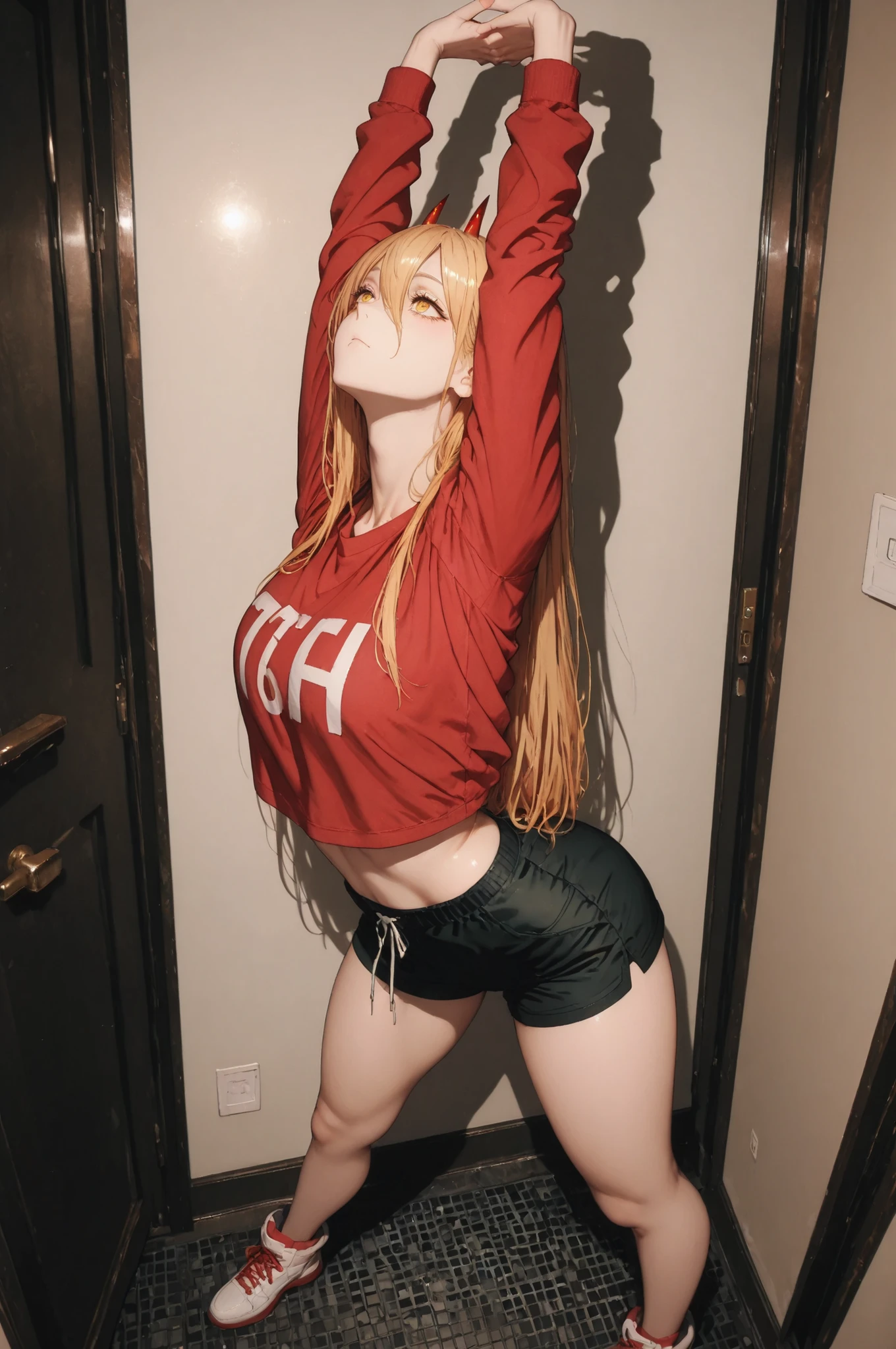 power_v1, 1girl, red horns, long hair, hair between eyes, red shirt , shorts, yellow eyes, high definition eyes, detailed eyes, high gradient eyes, eyesHD, cammystretch, stretching, arms up, 1girl, solo, full body view, the girl is very beautiful, the girl has an incredibly beautiful face, detailed skin image, anatomically accurate ratio. The girl is in cosy apartment in Japan. Masterpiece, best quality, amazing quality, hyper-detailed, newest, very aesthetic (masterpiece, detailed:1.2). Proper lighting, proper shadows, detailed background