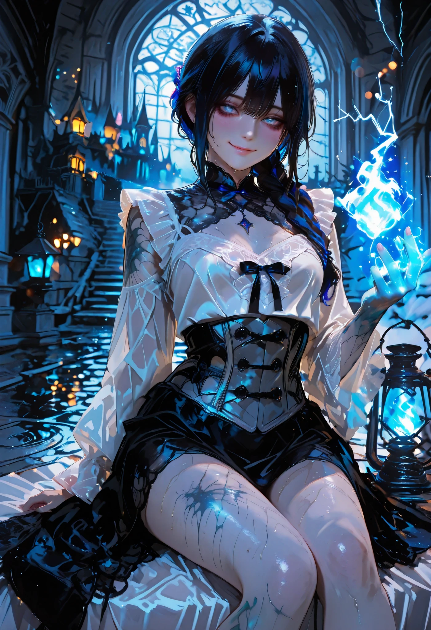 Haunted Castle、1 Midnight、The girl who lost her way、long black hair,Fireball in hand、Lantern Lights、I'm not scared at all!、Lightning echoes、girl wet in the rain、big mansion like a castle、 Ghosts、dimly lit room、State of Ruins、Only ghost eyes light up,shortcuts,unkempt hair,Short braided hair,Neat,slender beauty,correct posture,small breasted,Beautiful legs,Enchanting Gray-Blue Eyes Shine Like Stars,Saggy Eyes,Brilliant Colors,beautiful eyes,A delicate smile,Textured Skin,Best quality at its best,gentle and beautiful woman,anime style、Seimitsu、4K resolution、High Quality、Super Detailed、Realistic、Realistic、HDR、UHD、STUDIO LIGHT、Transcendental Depiction、Clear Focus、PBR Rendering、Professional、Brilliant Colors彩、bokeh effect