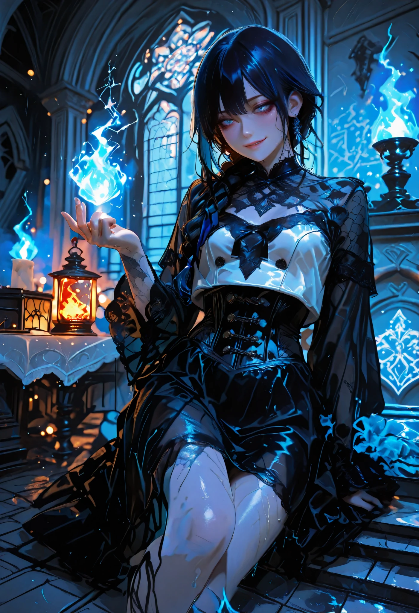 Haunted Castle、1 Midnight、The girl who lost her way、long black hair,Fireball in hand、Lantern Lights、I'm not scared at all!、Lightning echoes、girl wet in the rain、big mansion like a castle、 Ghosts、dimly lit room、State of Ruins、Only ghost eyes light up,shortcuts,unkempt hair,Short braided hair,Neat,slender beauty,correct posture,small breasted,Beautiful legs,Enchanting Gray-Blue Eyes Shine Like Stars,Saggy Eyes,Brilliant Colors,beautiful eyes,A delicate smile,Textured Skin,Best quality at its best,gentle and beautiful woman,anime style、Seimitsu、4K resolution、High Quality、Super Detailed、Realistic、Realistic、HDR、UHD、STUDIO LIGHT、Transcendental Depiction、Clear Focus、PBR Rendering、Professional、Brilliant Colors彩、bokeh effect